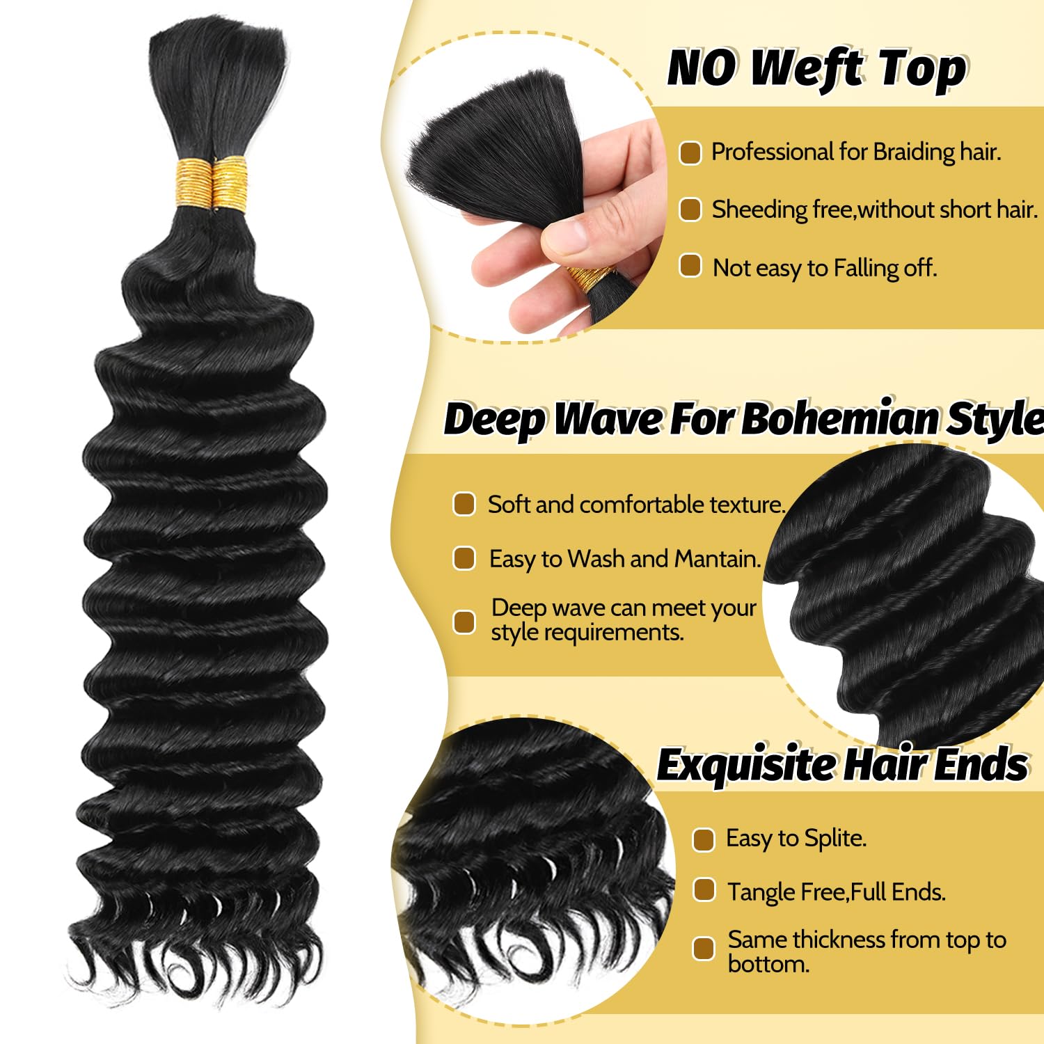 Cabello humano trenzado de 20 pulgadas, ondulado profundo, cabello humano a granel para trenzar, sin trama, 100% sin procesar, rizado micro cabello