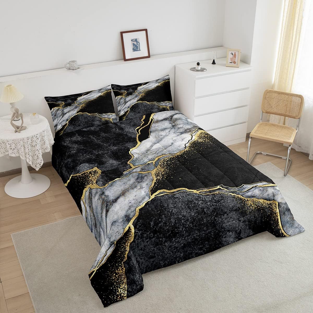 Juego de edredón de lujo negro y gris, juego de ropa de cama con lentejuelas doradas y mármol, relleno de edredón con textura abstracta de mármol
