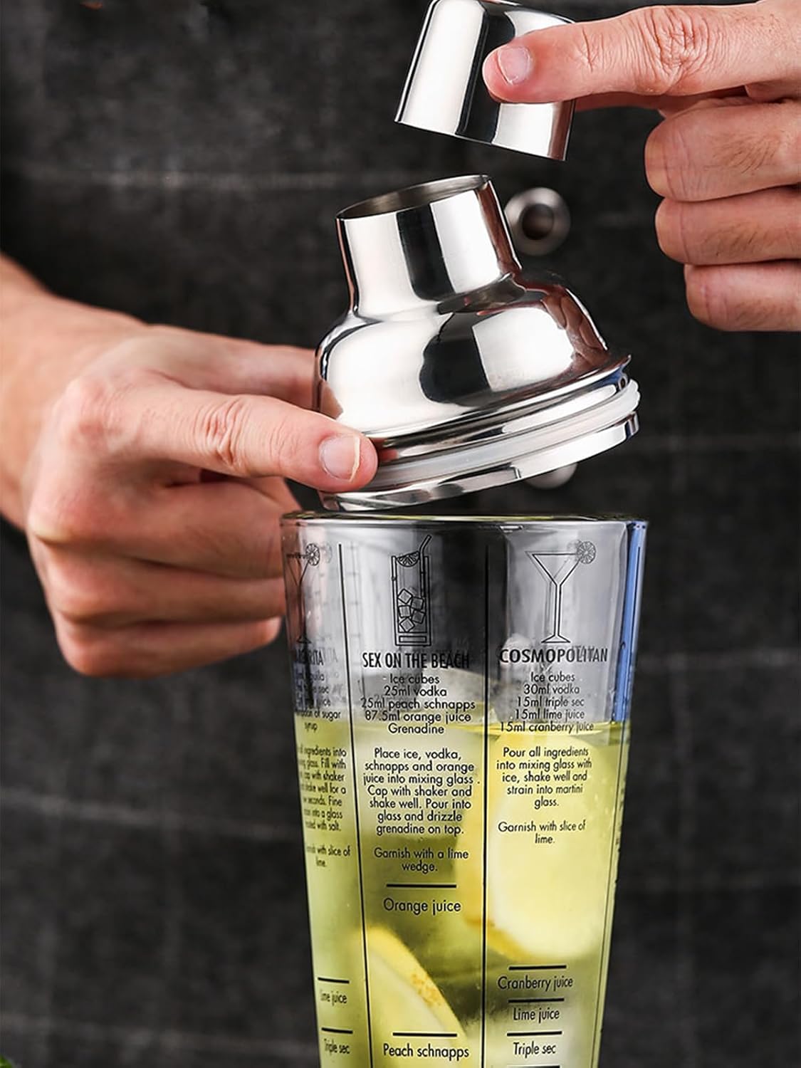 Juego de 4 cocteleras de 14 onzas, coctelera de vidrio Martini de 14 onzas, con doble jigger de medición (1 oz y 2 oz), mezclador de cóctel y