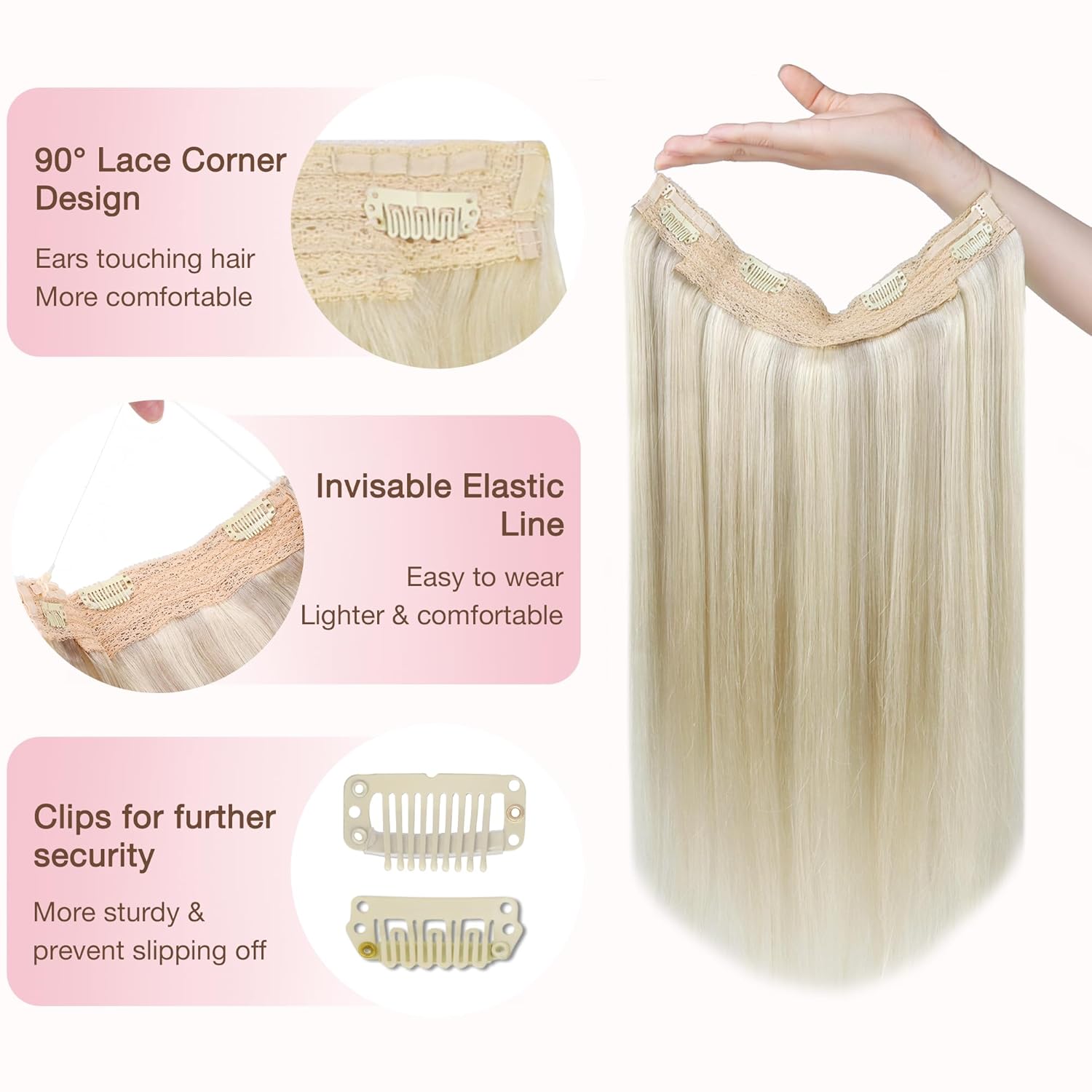 GOO GOO Extensiones de cabello humano real con alambre, 22 pulgadas, 4.06 oz rubio ceniza con reflejos platino, extensiones de cabello con alambre