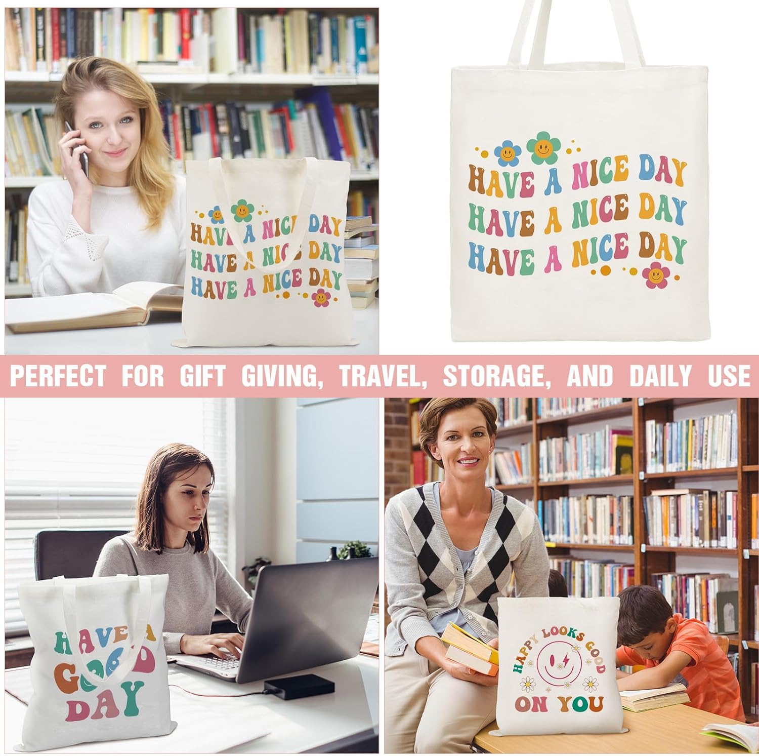 6 bolsas de lona estéticas para mujeres y niñas, bolsas de playa, reutilizables, bolsas de hombro para comestibles, regalos inspiradores, Blanco