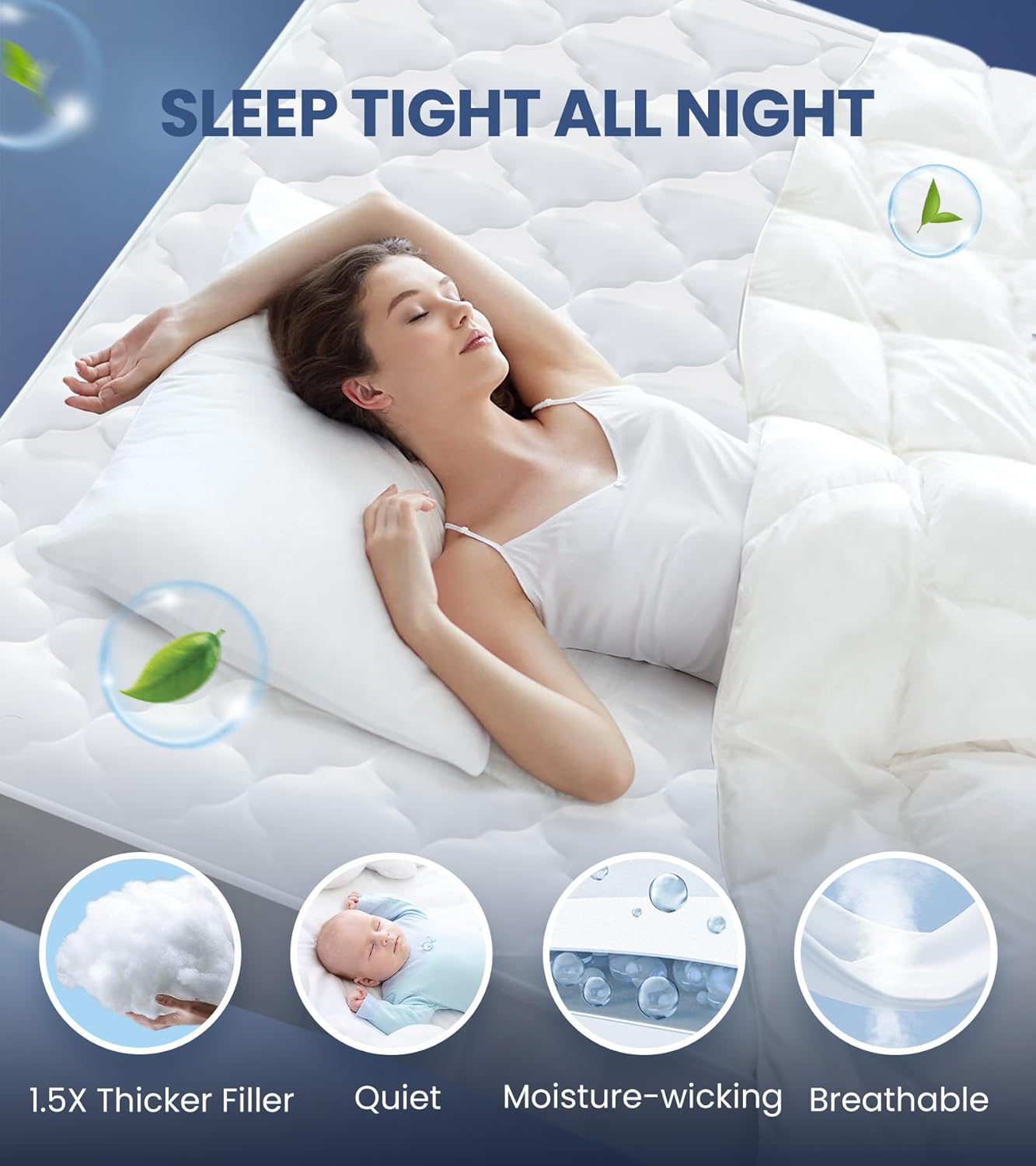 Protector de colchón individual 100% impermeable con relleno 1.5 veces más grueso, acolchado 3D, lavable a máquina, silencioso, transpirable, suave,