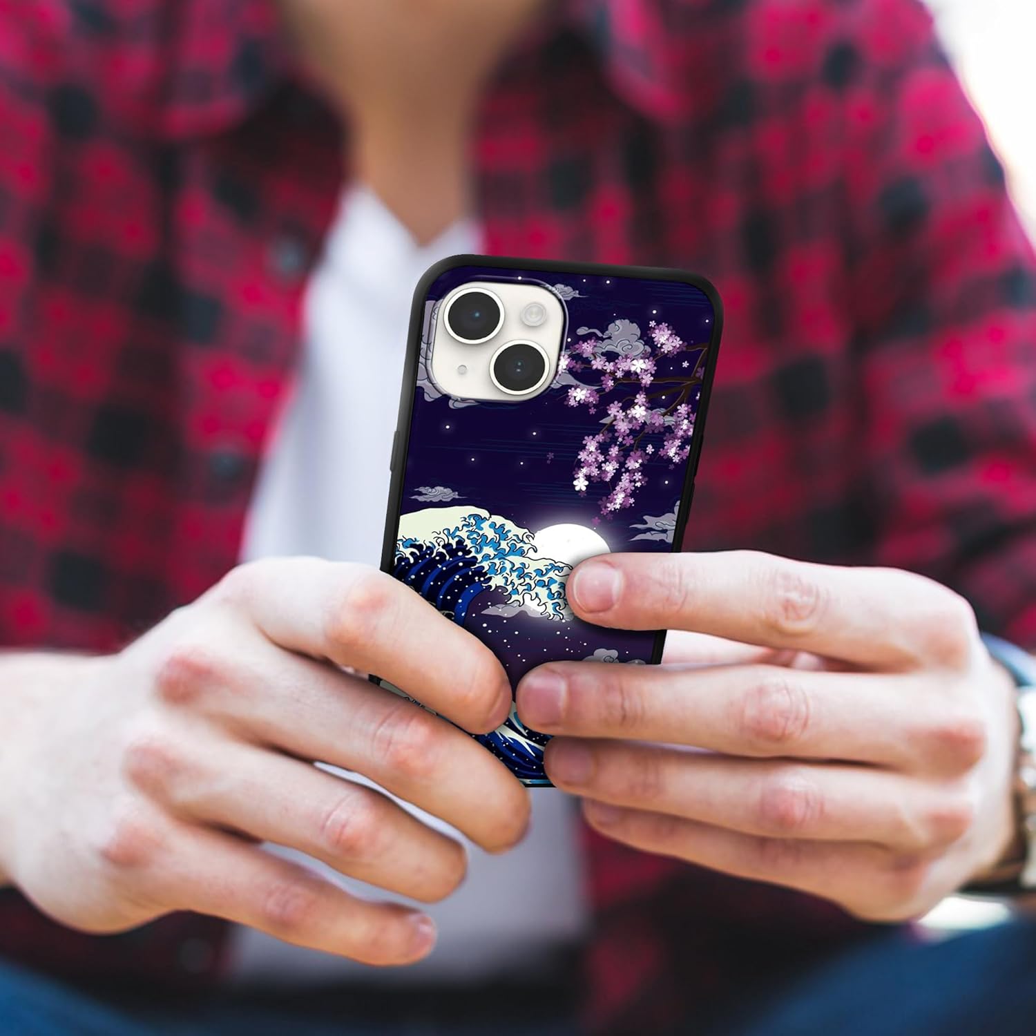 MSEAANBK Funda diseñada para iPhone 15 Plus, funda japonesa con patrón de luna de cerezo y flor para hombres, mujeres, niños y niñas, TPU suave, a