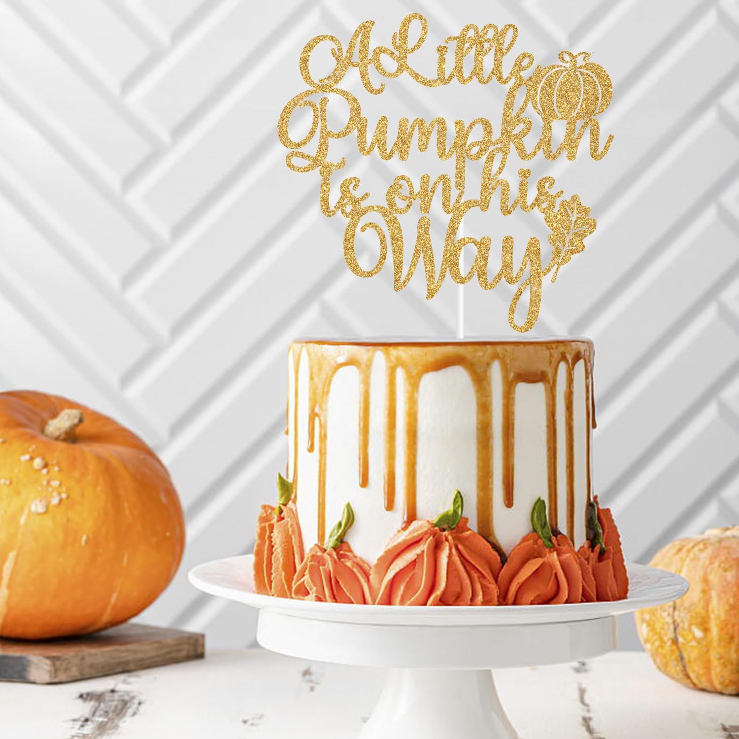 Decoración para tartas con purpurina dorada “A Little Pumpkin is on His Way”, calabaza Oh BoyA Little Pumpkin is on the Way, decoración de fiesta de