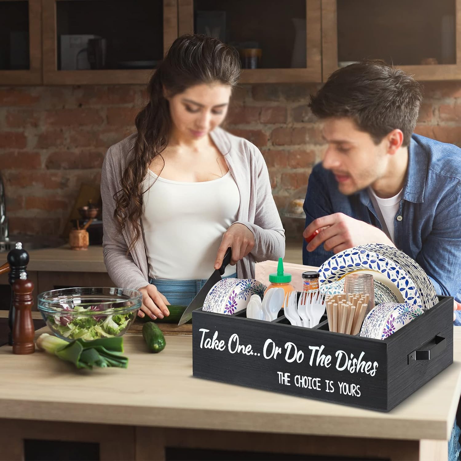 Soporte para platos de papel para encimera de cocina, organizador de utensilios de madera, para platos, tazas, tenedores, cuchillos, cuchara,