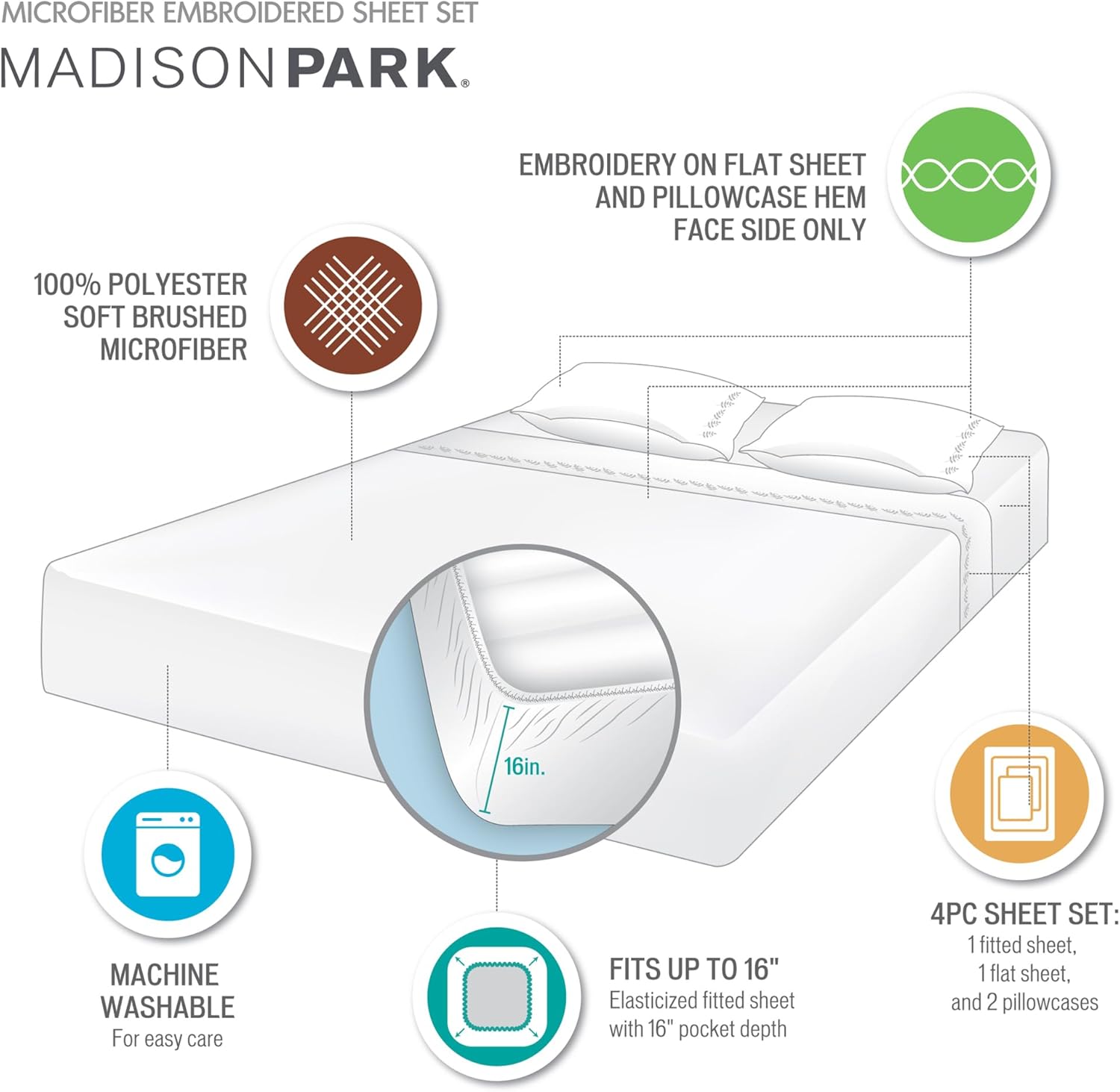 Madison Park Juego de sábanas de microfibra cepillada suave, elegante diseño de dobladillo bordado, bolsillo elástico de 14 pulgadas que se adapta a