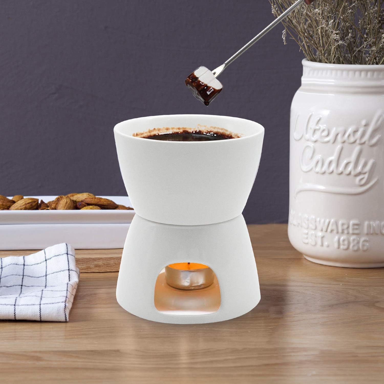 Juego de fondue de cerámica para bombones y quesos, color blanco