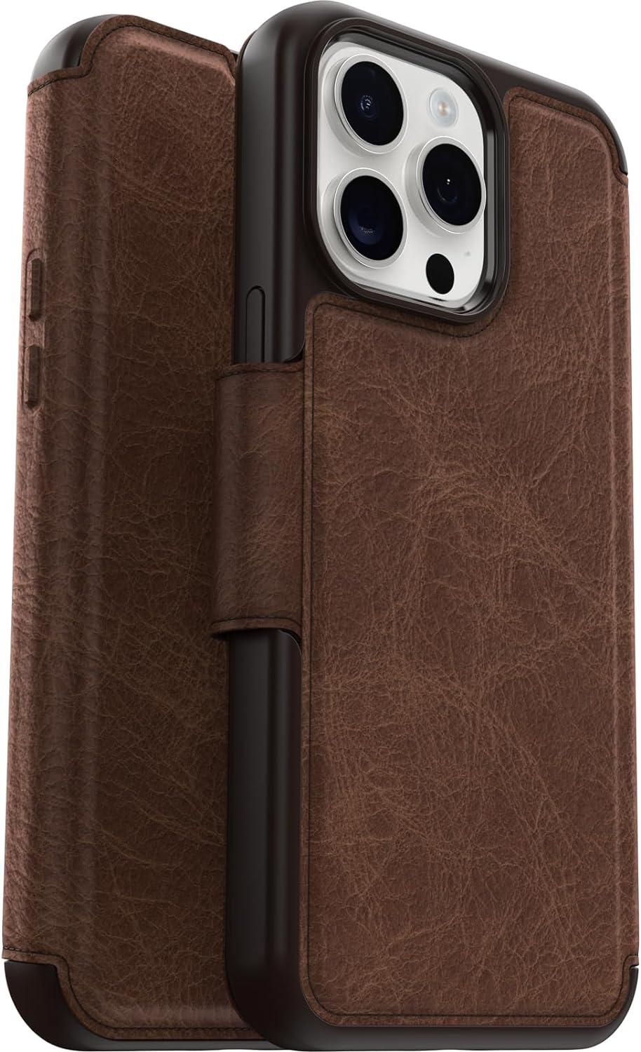 OtterBox Funda Strada Folio Series para iPhone 15 Pro MAX (solamente) – ESPRESSO (marrón), tarjetero, broches a presión a MagSafe, piel auténtica,