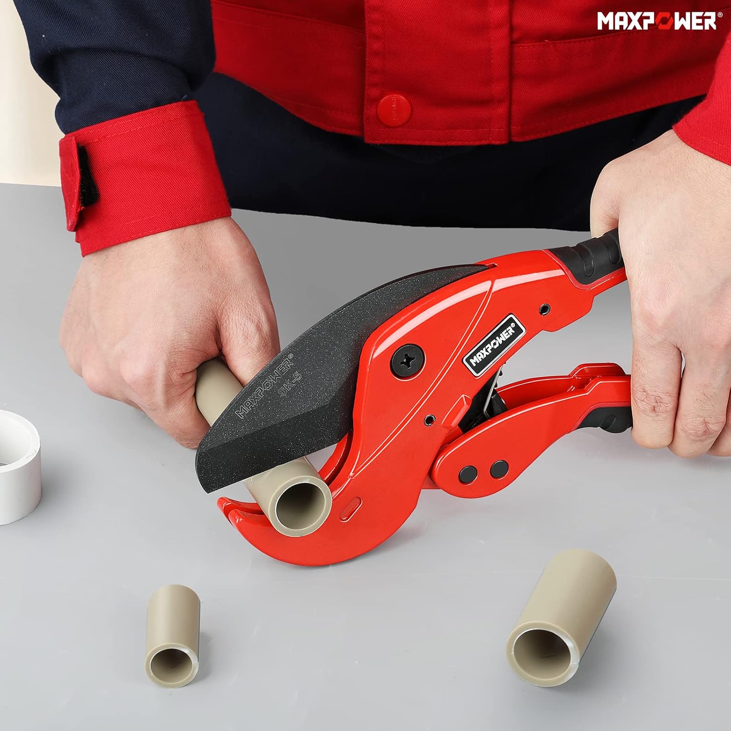 MAXPOWER PVC Pipe Cutter, Cuts Up to 2 12″, Ratcheting PVC Cutter with SK5 Blades, Ratchet Pipe Cutter Tool for PVC, PE, PEX, PPR and Rubber Hose