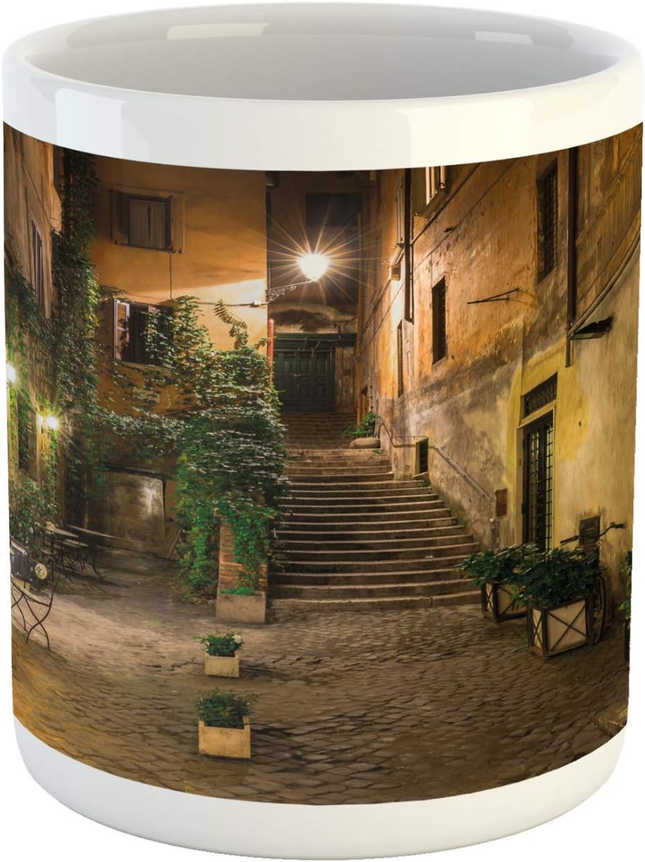 Ambesonne Taza italiana, Old Courtyard Rome Italy Cafe Chairs City Historic Houses in Street, taza de café de cerámica para bebidas de té de agua,