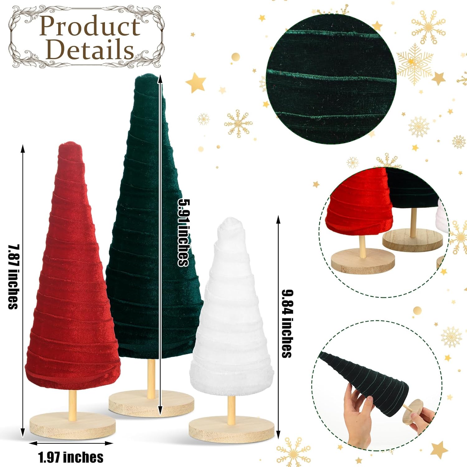 Juego de 3 árboles de terciopelo con pedestal de Navidad, decoración moderna para árbol de invierno, 3 tamaños, decoraciones de terciopelo de