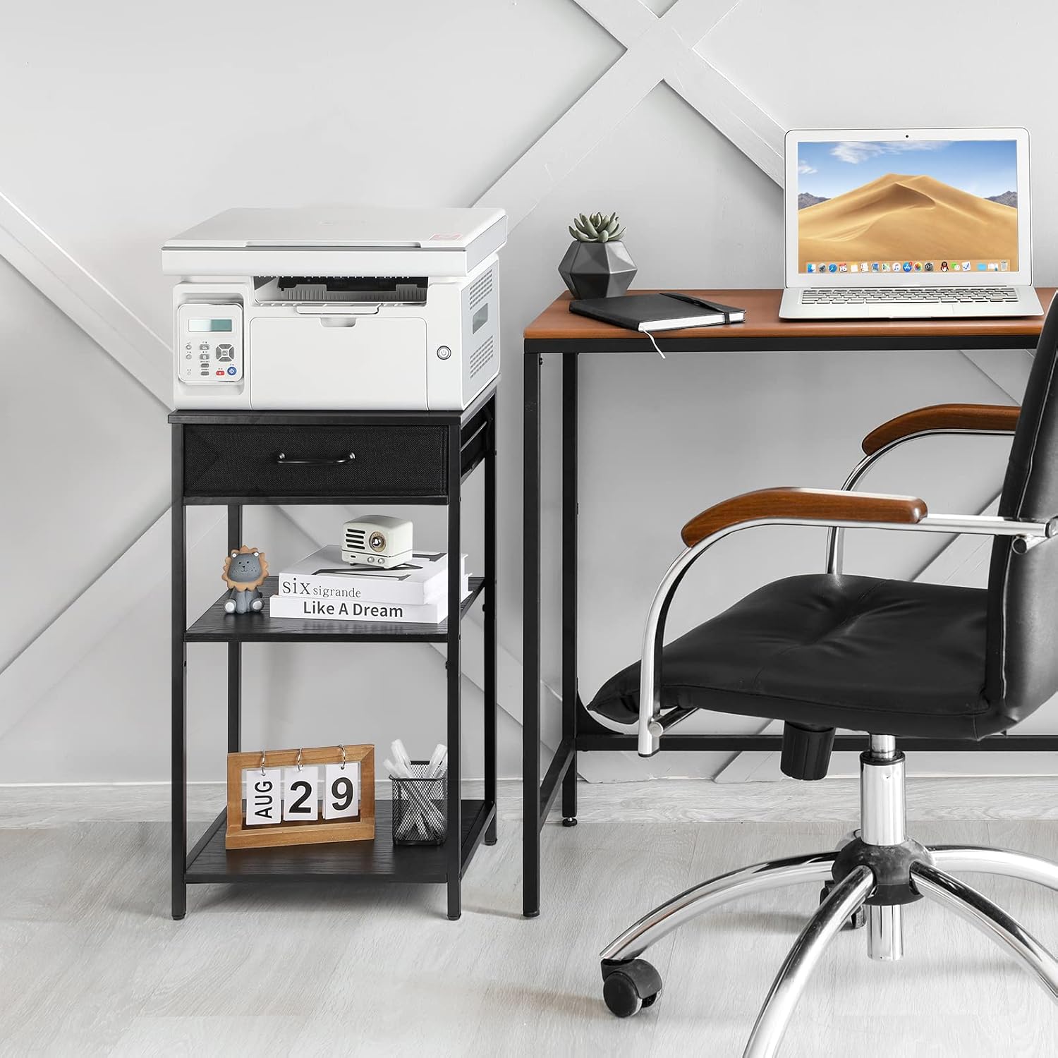 Soporte para impresora de 3 niveles debajo del escritorio, mesa pequeña para impresora con cajones de almacenamiento, estante de impresora de madera