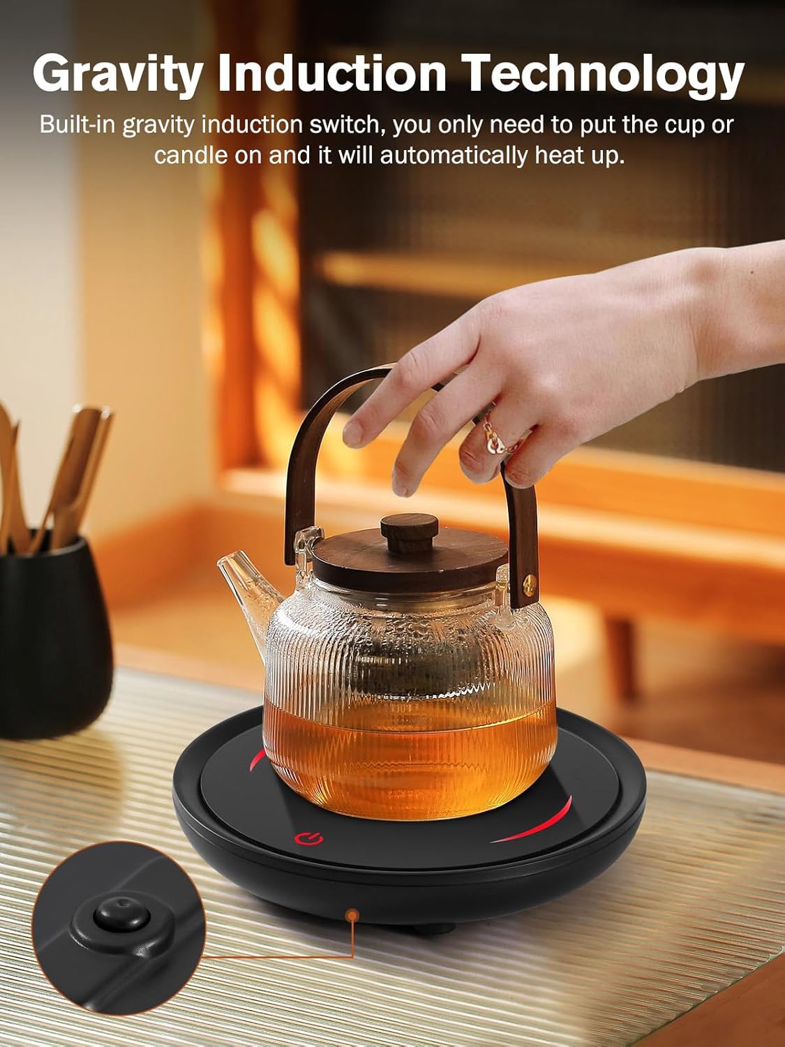 PUSEE Plato calentador de velas grande con 2 ajustes de temperatura, calentador de taza de café con apagado automático, calentador de cera de