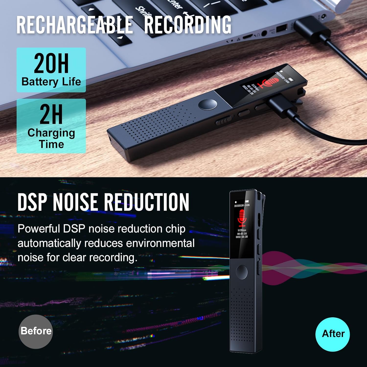 Grabadora de voz digital de 64 GB, grabación HD de audio de voz sin ruido de 3072 Kbps, grabadora activada por voz para 550 horas de capacidad de
