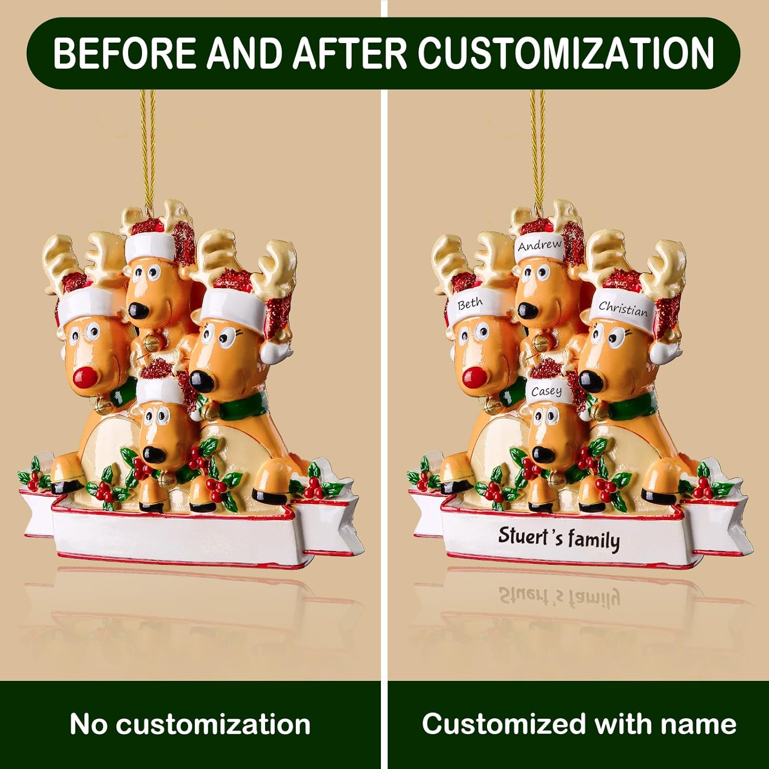 Adornos de Navidad personalizados de ciervo, familia de 2, 3, 4, 5, 6, 7, 8  Adorno de Navidad personalizable con nombre de reno, texto para árbol