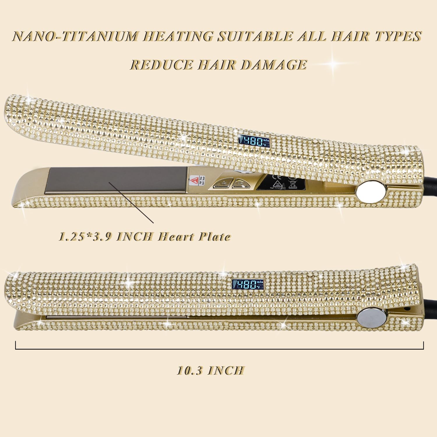 Plancha de pelo con diamantes de imitación, plancha de pelo profesional de diamante con alta temperatura de 480 F, planchas planas de nano-titanio,
