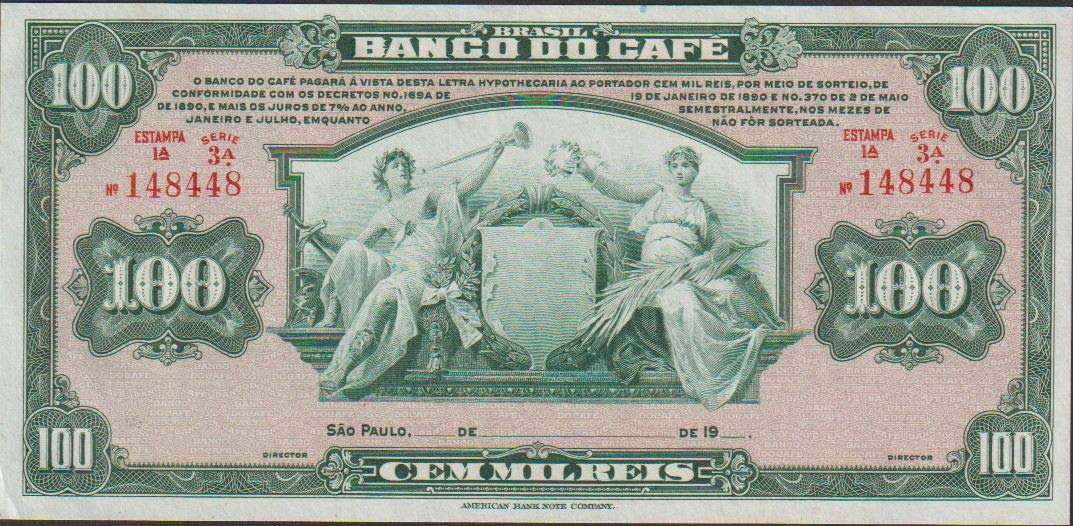 1890 BR LG RARE ORNATE BANCO DO CAFE (COFFEE BANK) BILL! 1 OF EARLIEST BANKS IN BRAZIL! HISTORIC! 100 MIL REIS Crisp Uncirculated w Negligible Edge