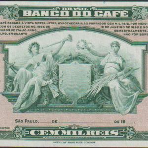 1890 BR LG RARE ORNATE BANCO DO CAFE (COFFEE BANK) BILL! 1 OF EARLIEST BANKS IN BRAZIL! HISTORIC! 100 MIL REIS Crisp Uncirculated w Negligible Edge 1890 BR LG RARE ORNATE BANCO DO CAFE (COFFEE BANK) BILL! 1 OF EARLIEST BANKS IN BRAZIL! HISTORIC! 100 MIL REIS Crisp Uncirculated w Negligible Edge