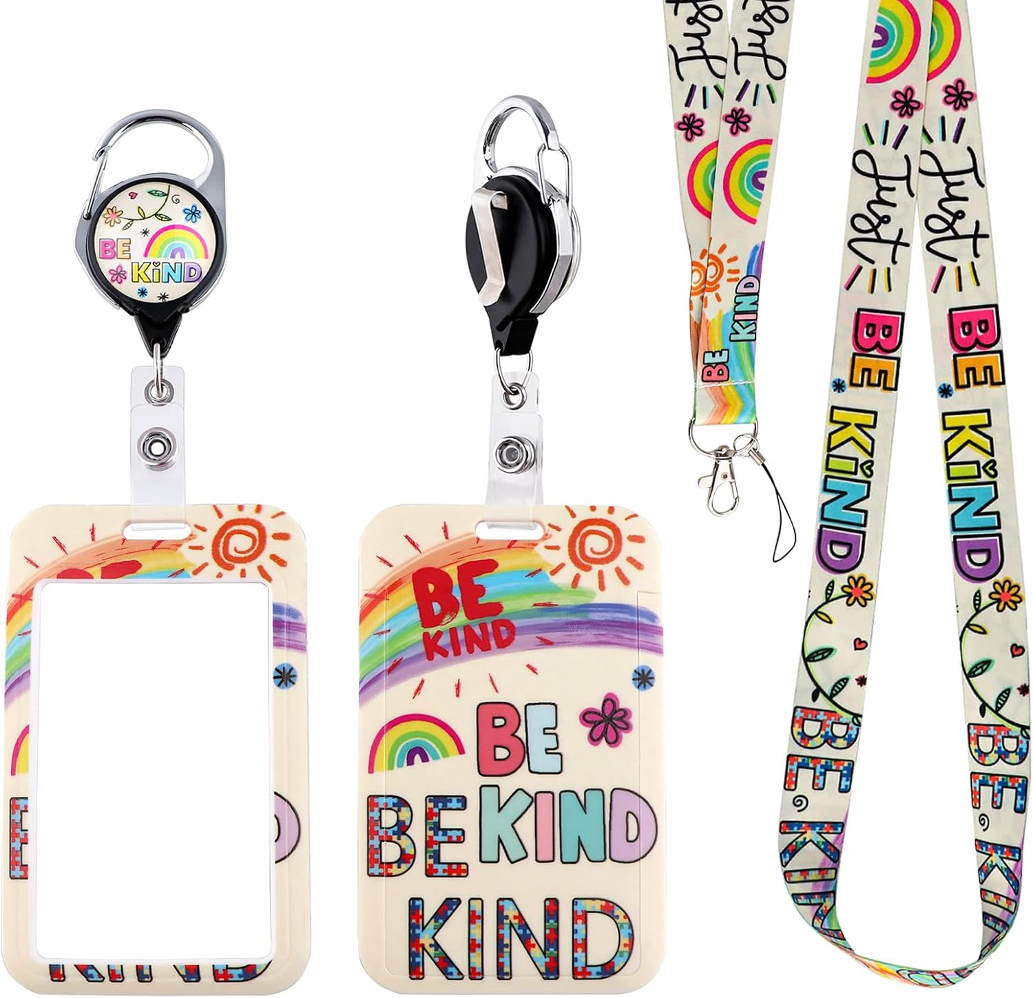 BKBKAAK Bonito cordón con soporte para tarjetas y clip retráctil para niños, para autismo, arcoíris, tarjetero de identificación para llaves, niñas,