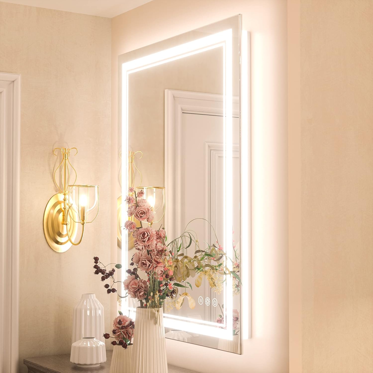 Keonjinn Espejo de baño LED de 24 x 32 pulgadas con luz frontal y retroiluminada, 3 colores de temperatura y espejo de tocador regulable con luces,