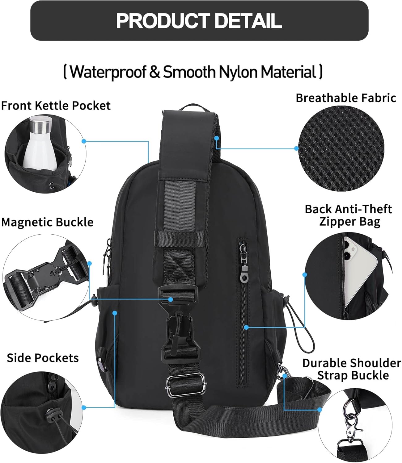 Black Sling Crossbody Bag for Men Women, Tactical Backpack Shoulder Daypack Mini Anti-Theft Motorcycle Chest Bags, Small One Strap Backpack for