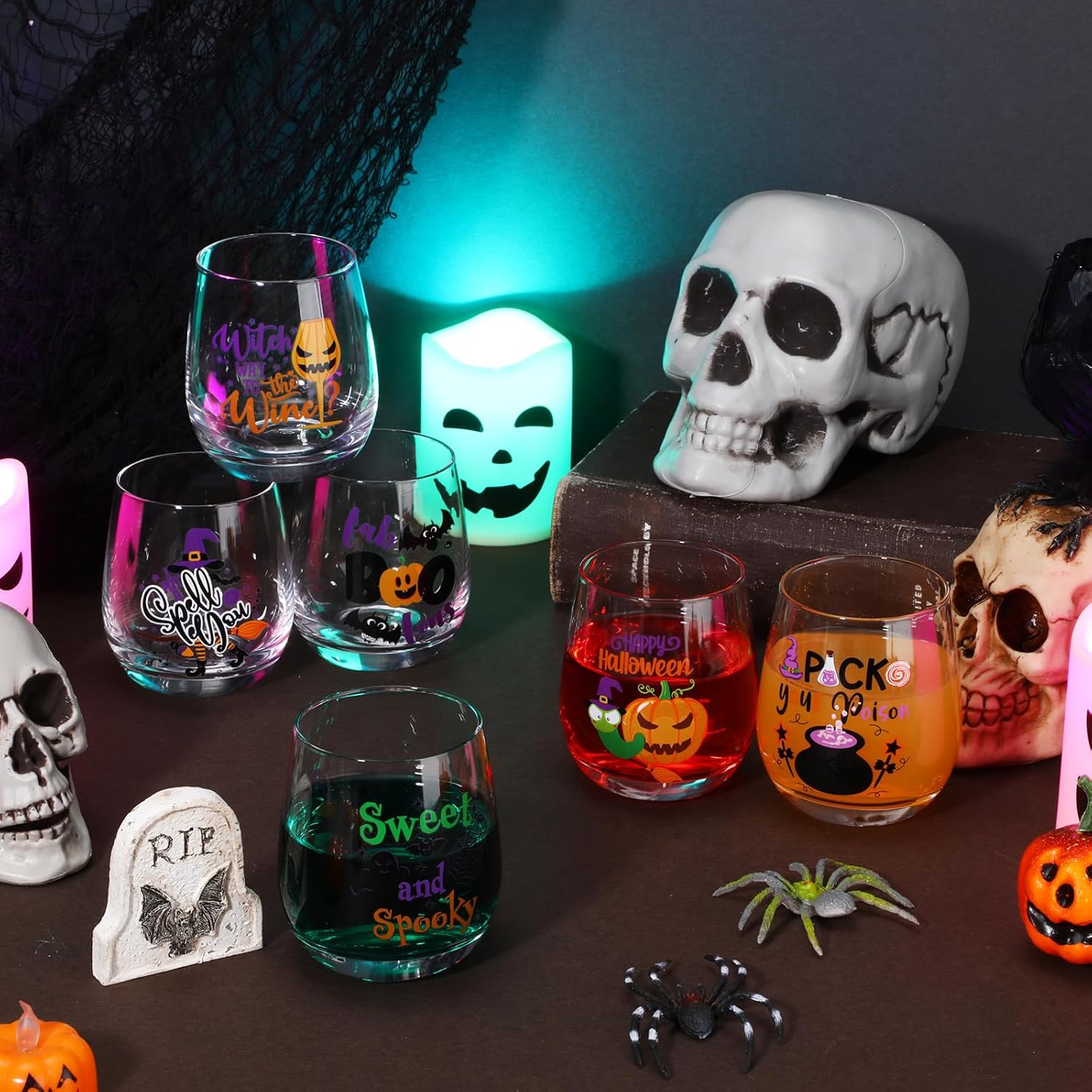 12 copas de vino de Halloween de 12 onzas, copas de vino de brujas, copa de vino de Halloween, sin tallo, copa de vidrio para fiesta de Halloween,