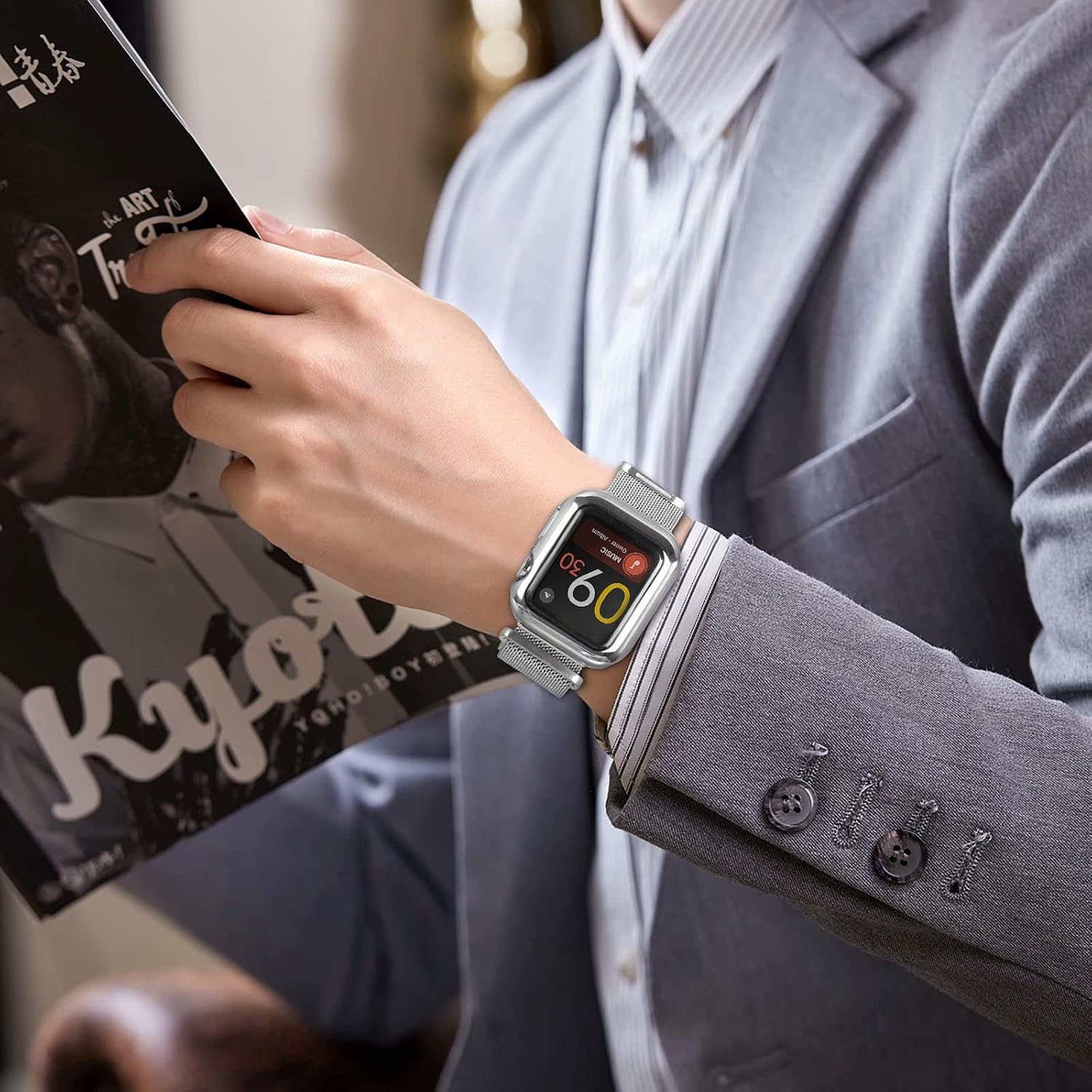 JuQBanke – Bandas magnéticas de metal compatibles con Apple Watch de 1.654pulgadas con funda. Correa de repuesto de malla milanesa de acero