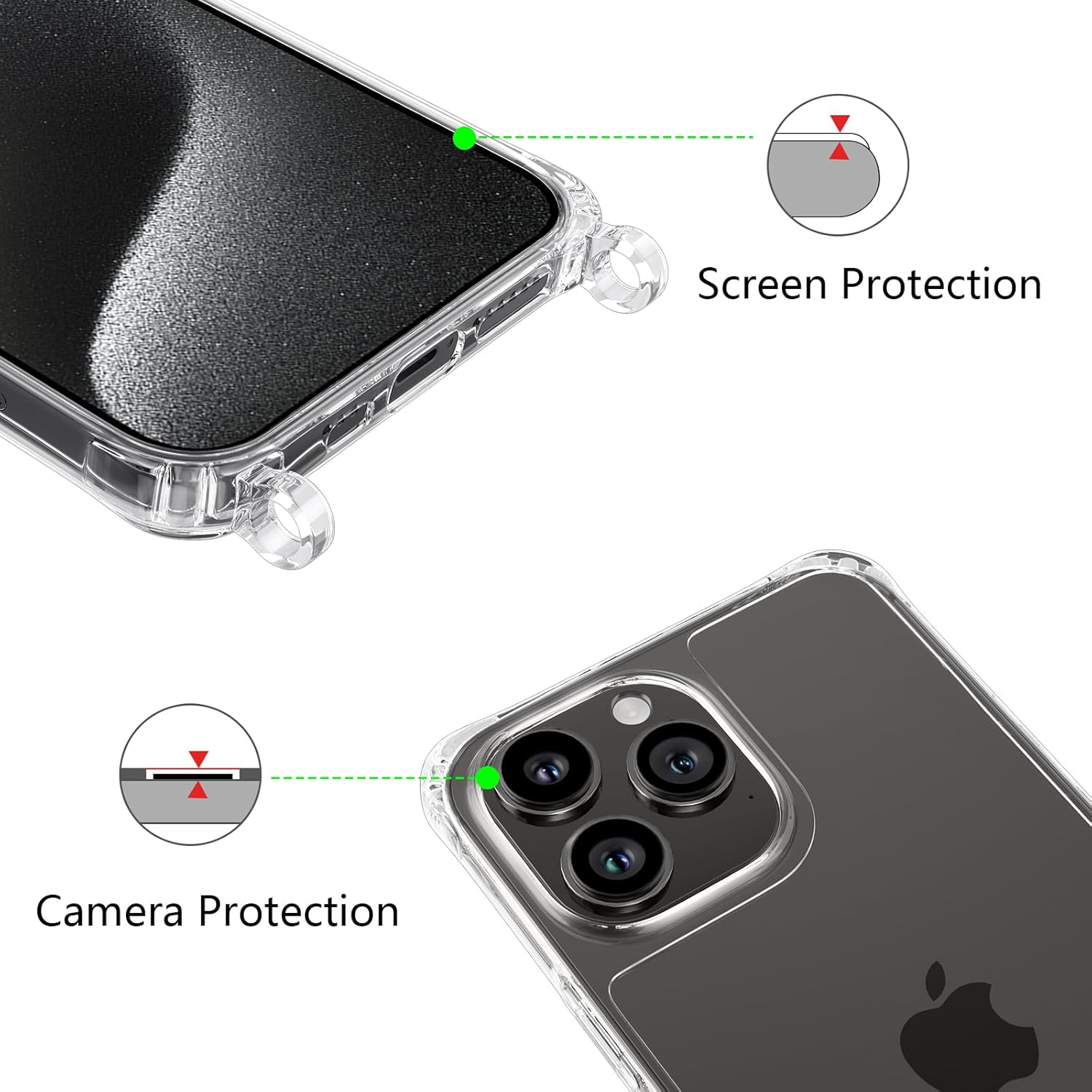 ZTOFERA Compatible con iPhone 15 Pro, funda transparente con cordón ajustable, TPU suave y delgada, a prueba de golpes, funda protectora cruzada