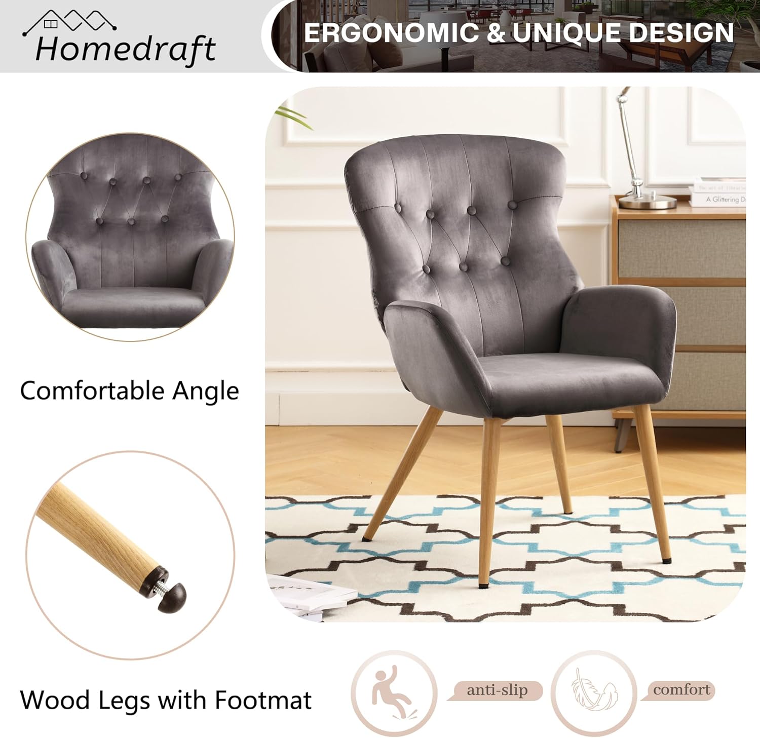 Silla decorativa de terciopelo, silla de lectura copetuda con botones con respaldo de ala alta grande, cómoda silla de tocador tapizada con patas de