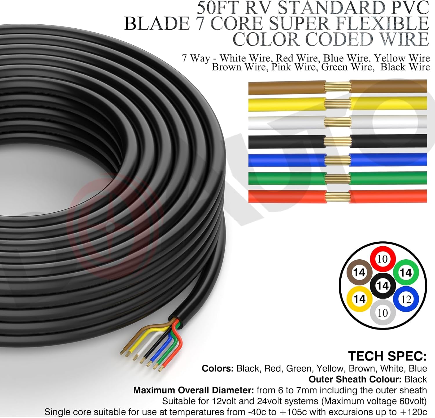 DOAUTO Cable de arnés de cable SAE, resistente de 50 pies, 141210 AWG de 7 vías, cable de cableado de hoja de conductor redondo de 7 vías, cable