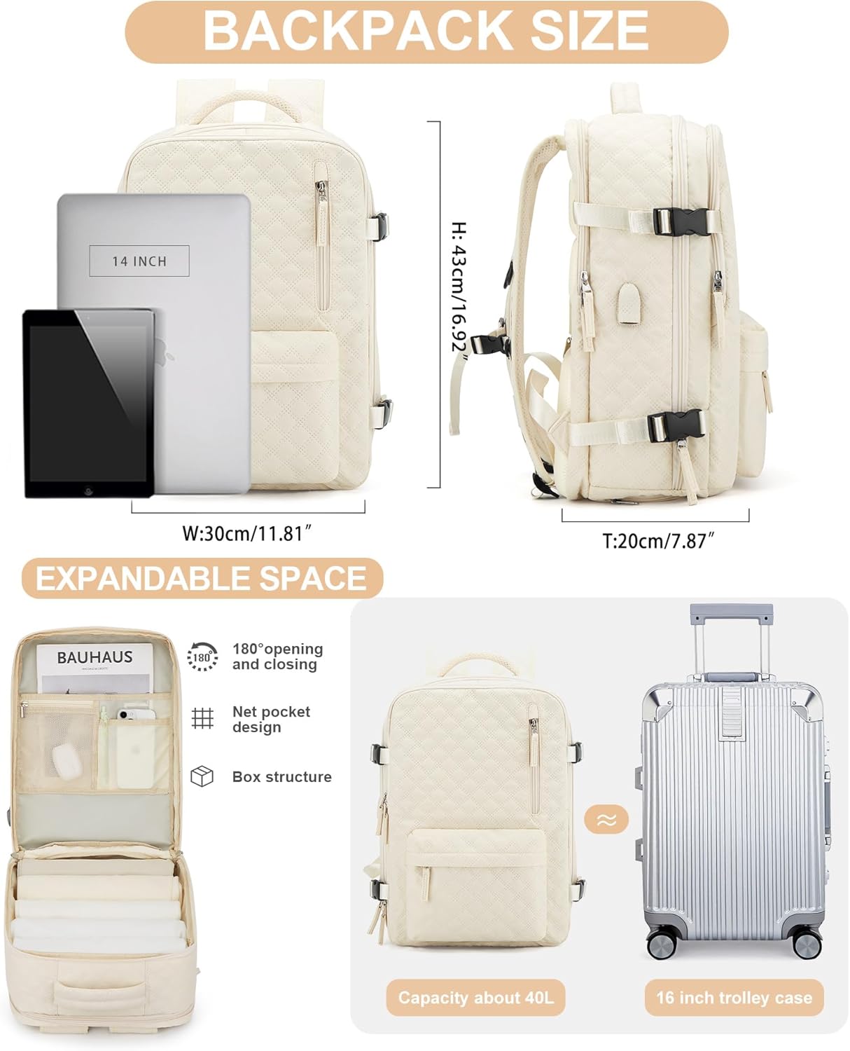 VECAVE Mochila de viaje para laptop, mochila aprobada para vuelos,Mochila deportiva para universidad casual, M-Beige, Mochila para laptop