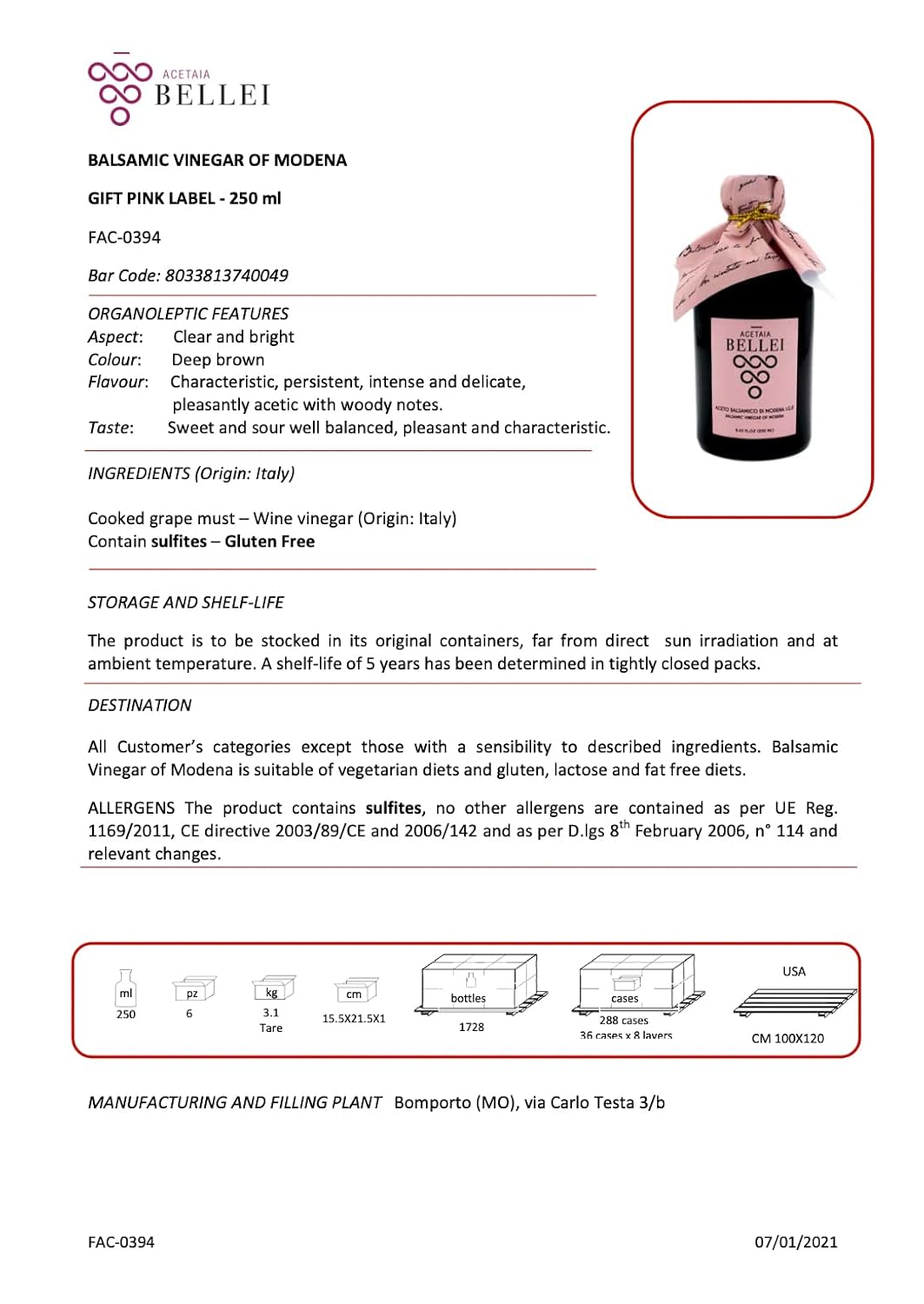 VINAGRE BALSAMIC OF MODENA IGP Bellei “Pink Label”, Aromático, Suave, Consistente, Multiuso Carne, Ensaladas, Más, Sin Gluten, Cantidad neta 8.45 fl