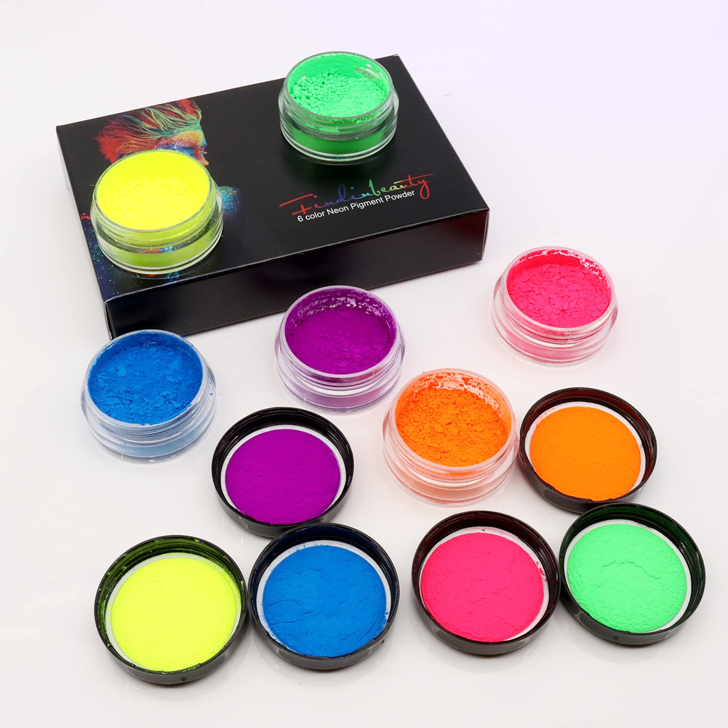 FindinBeauty Pigmento de neón en polvo de sombra de ojos reactivo UV que brilla en la luz negra, 6 colores verdaderos brillantes mezclados para