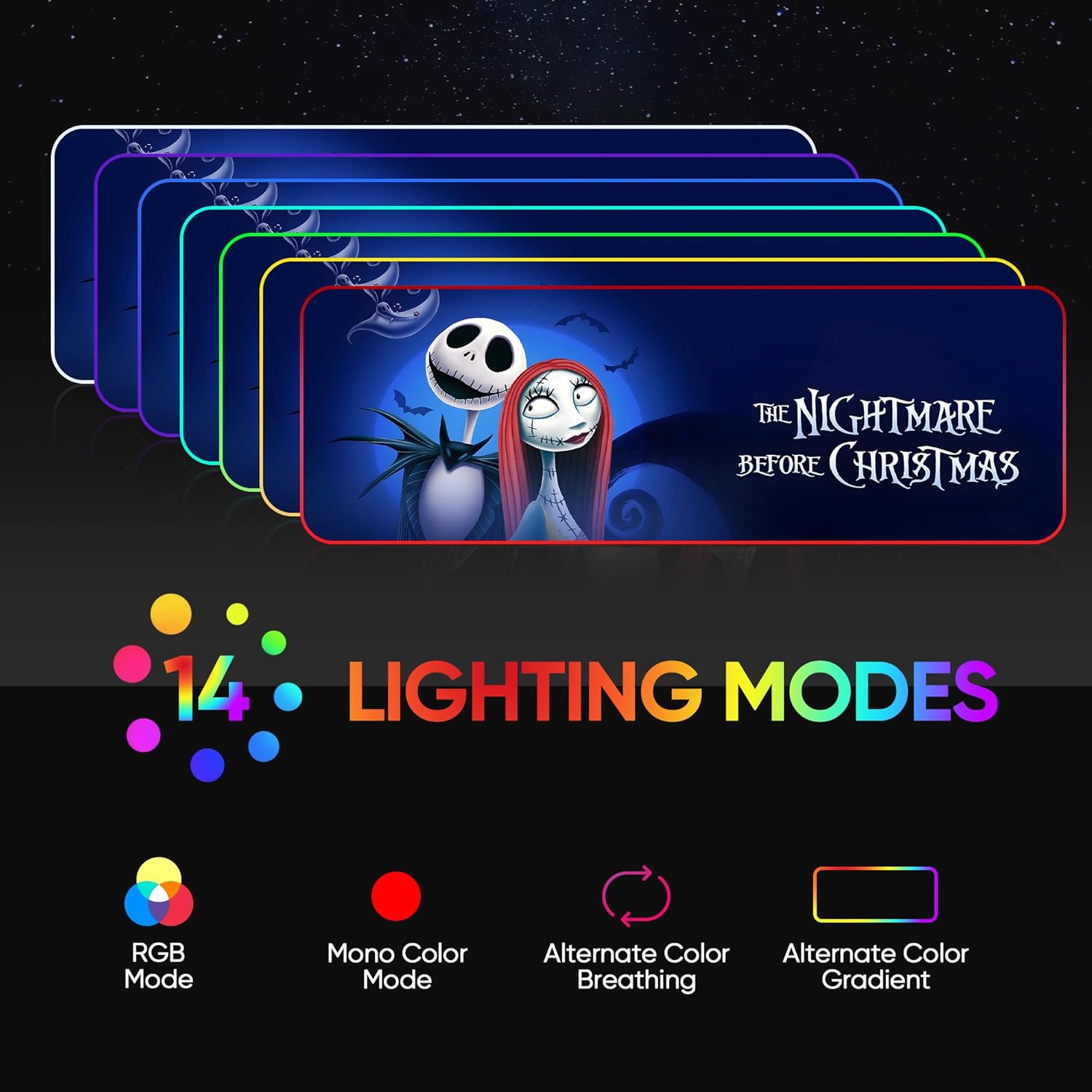 Alfombrilla de mouse RGB con diseño de calavera RGB, El extraño mundo de Navidad con 14 modos de iluminación, alfombrilla antideslizante para
