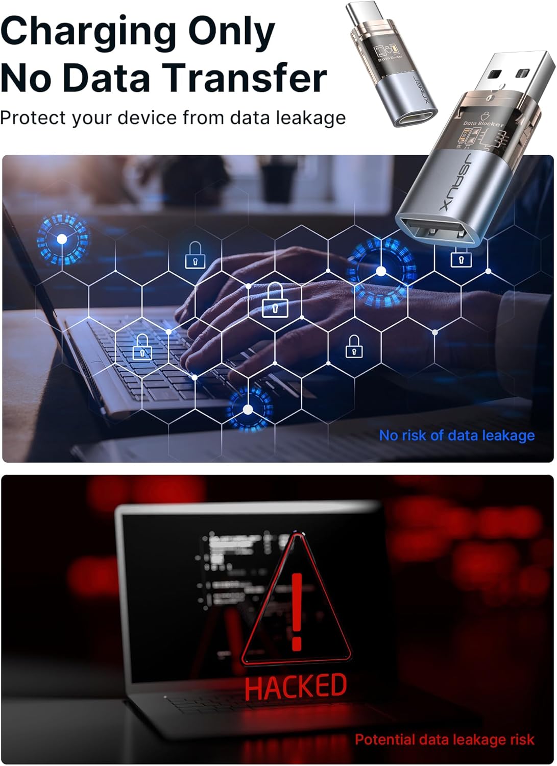 JSAUX Bloqueador de datos USB y bloqueador de datos USB C (paquete de 4), bloqueador de datos USB-A transparente a USB-A y USB-C a USB-C solo para