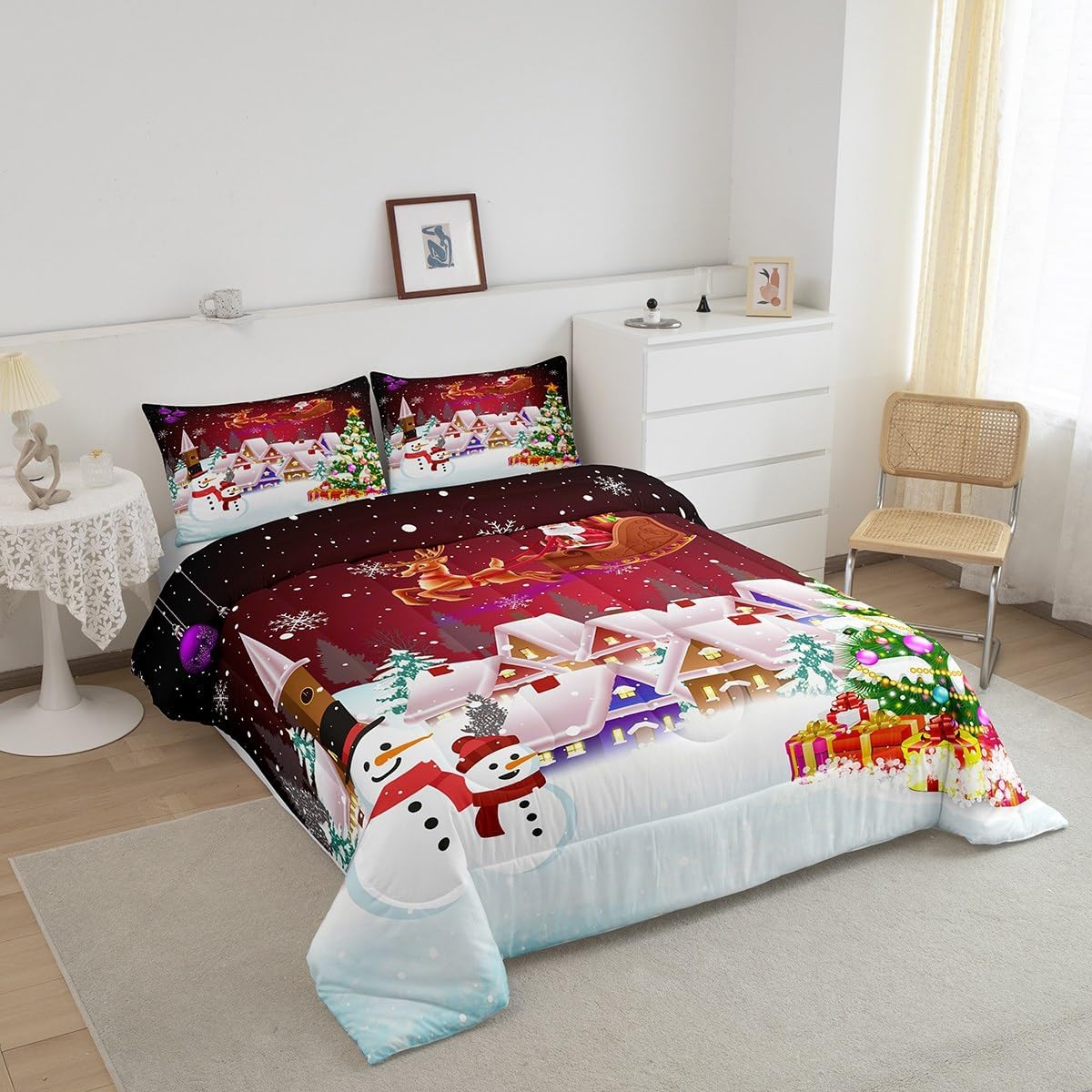 Manfei Juego de edredón de Navidad, tamaño King, juego de ropa de cama de árbol de Navidad de muñeco de nieve, 3 piezas para decoración de