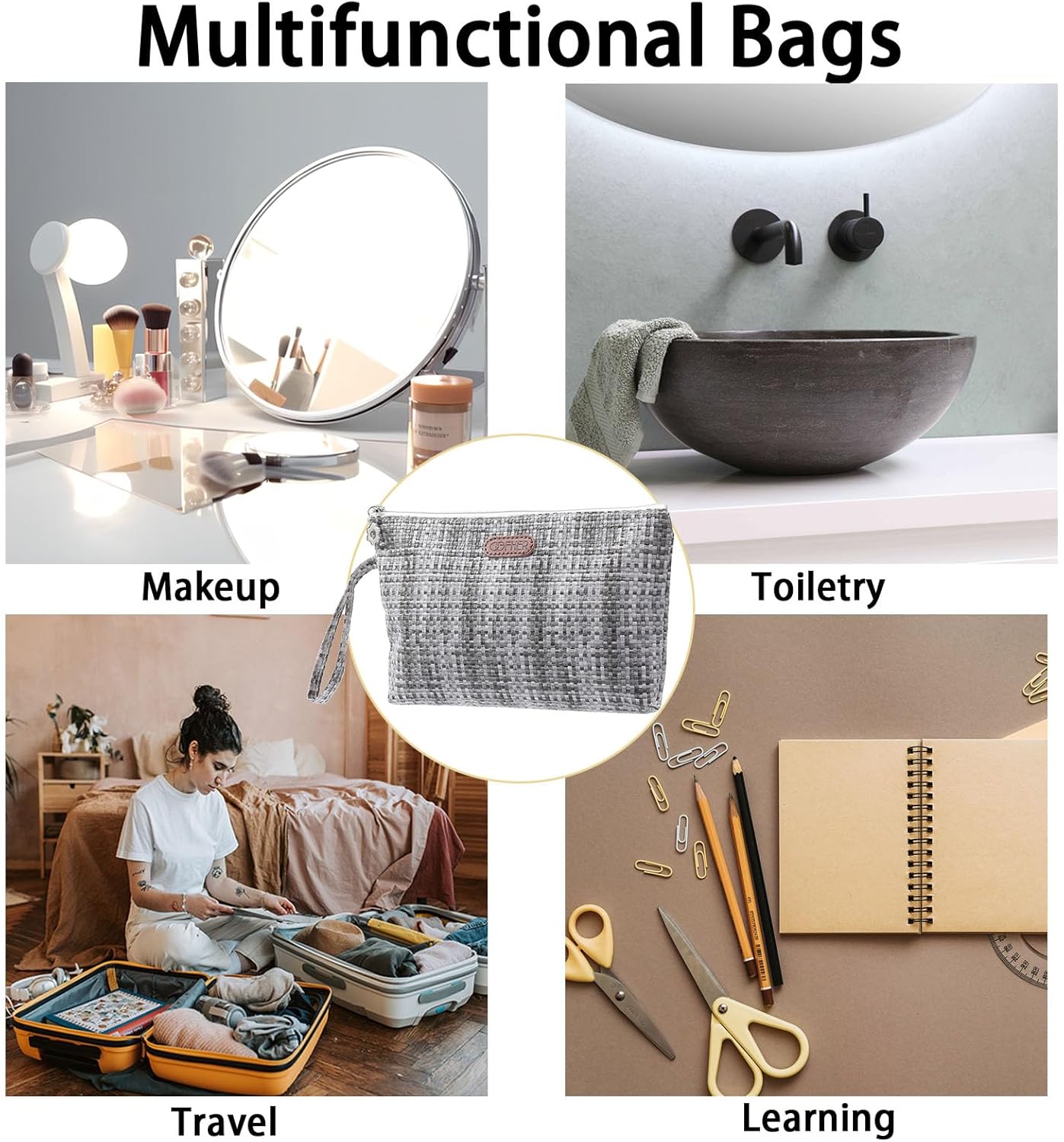 SEAMOON Pequeña bolsa de cosméticos, bolsa de maquillaje de viaje, bolso estético de maquillaje, bolsa de cuero de patrón tejido colorido, bolsa de