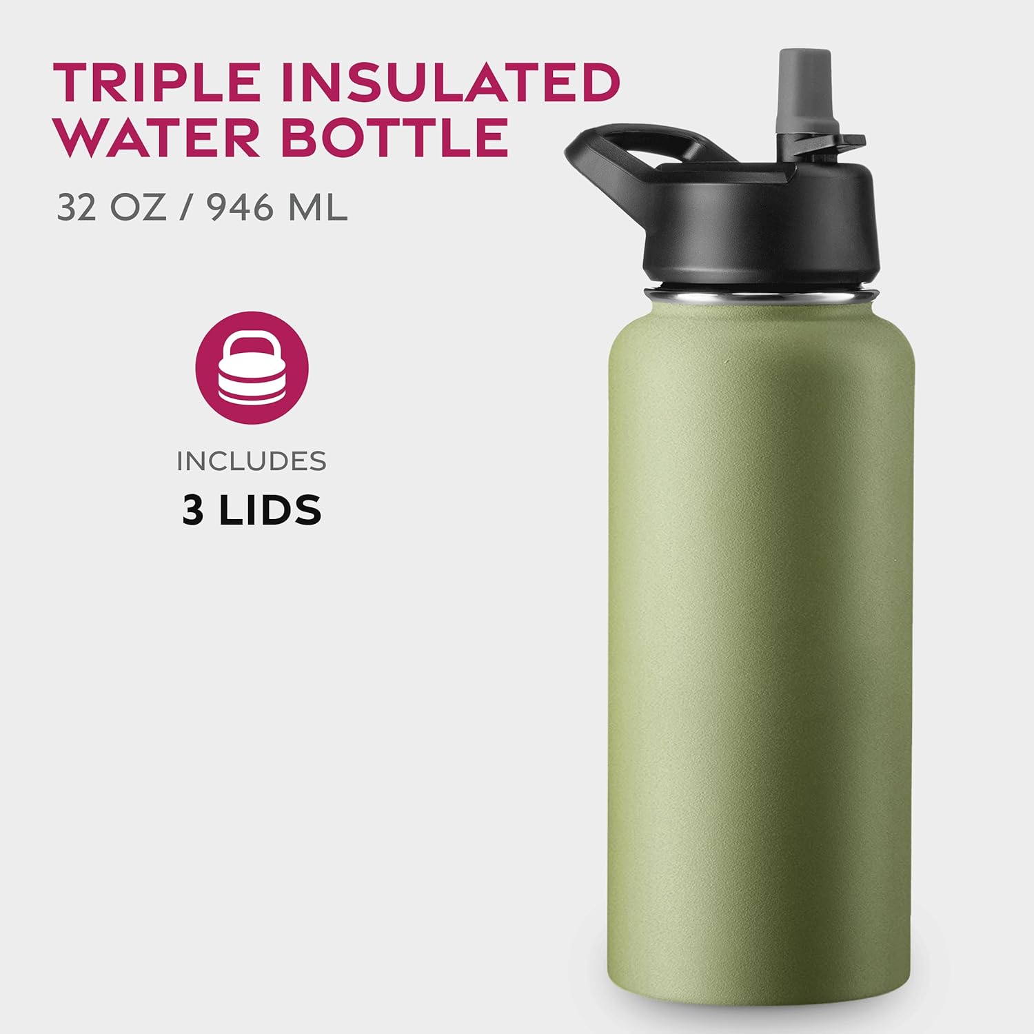 FineDine – Botella de agua de acero inoxidable con tapa de pajilla, tapa abatible, tapa de boca ancha (32 oz), botellas de agua aisladas, mantiene