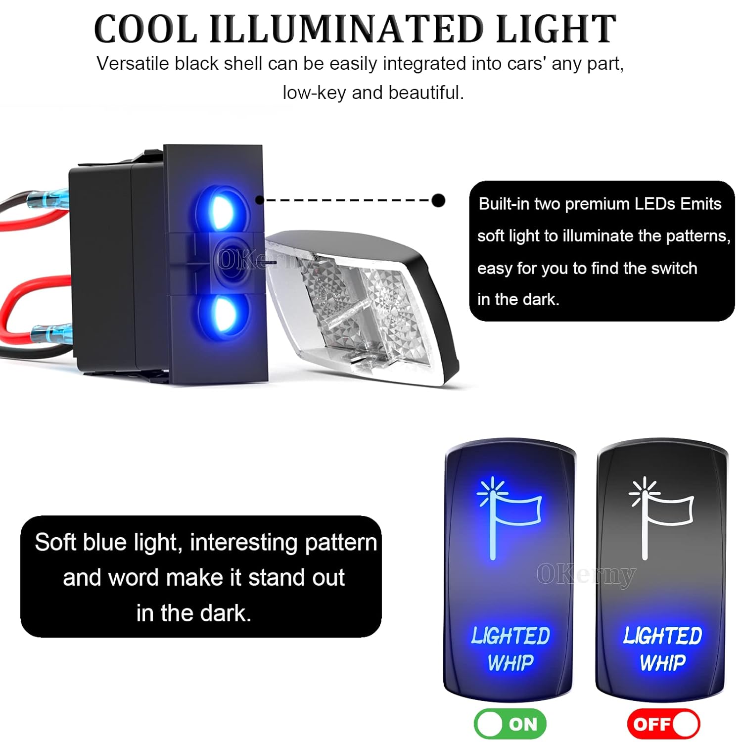 Interruptor basculante iluminado, interruptor de palanca grabado con láser, SPST 5 pines, 12 V, 24 V, cables de puente para automóviles, camiones,