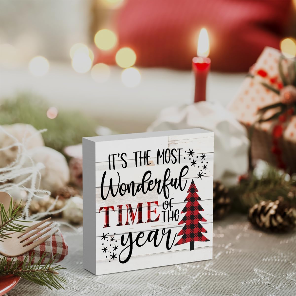 WRSUNT Letrero de madera con texto en inglés “It’s The Most Wonderful Time of The Year”, diseño retro de granja, Navidad, Papá Noel, 5 x 5 pulgadas