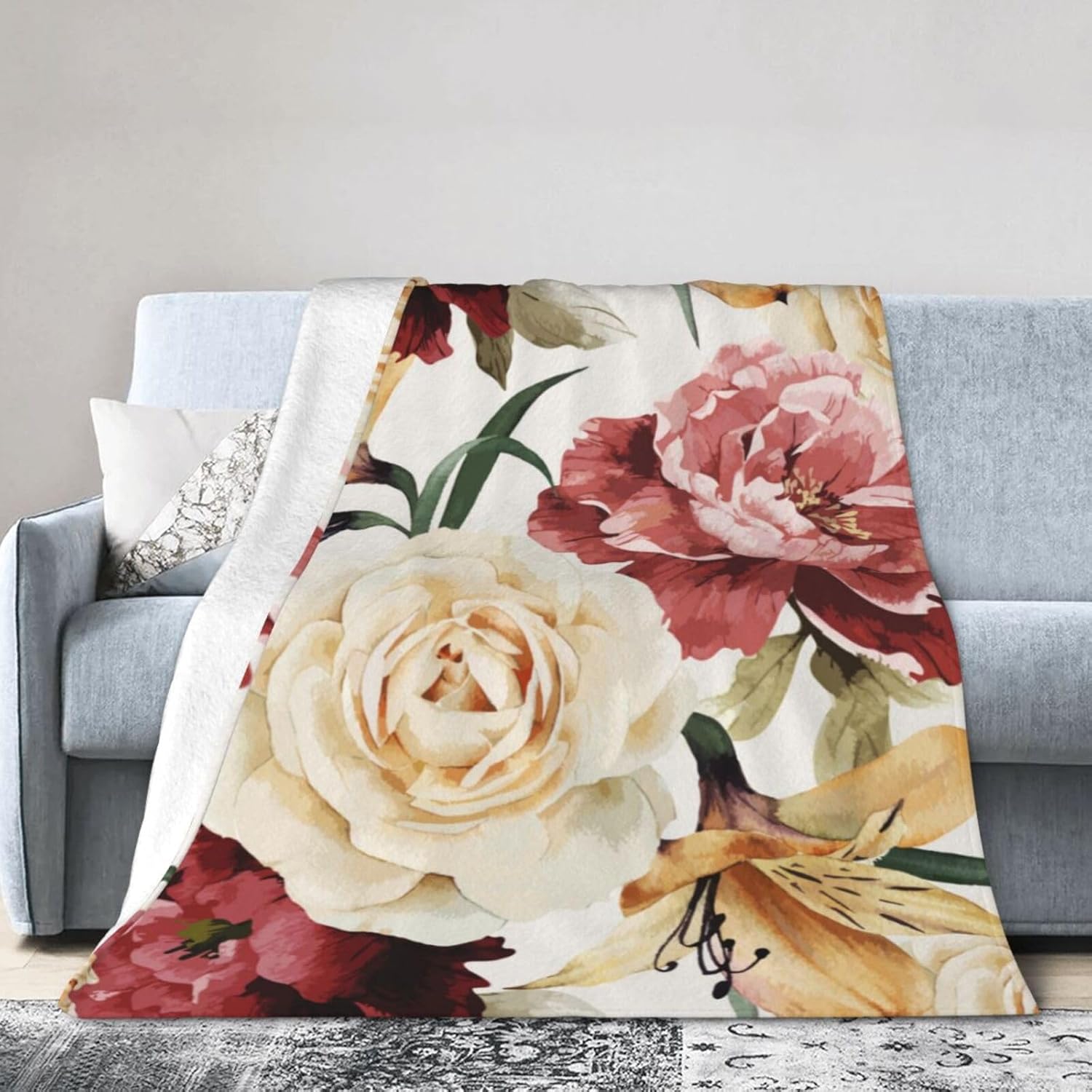 Manta de cama con diseño floral de rosas en acuarela, ultra suave, para todas las estaciones, cálida, ligera, acogedora manta de felpa para el