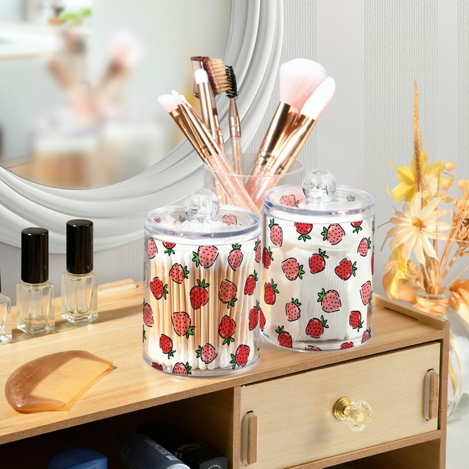 Paquete de 2 dispensadores de fresas para bolas de algodón, hisopos de algodón, juego de tarros de boticario de plástico para baño, organización de