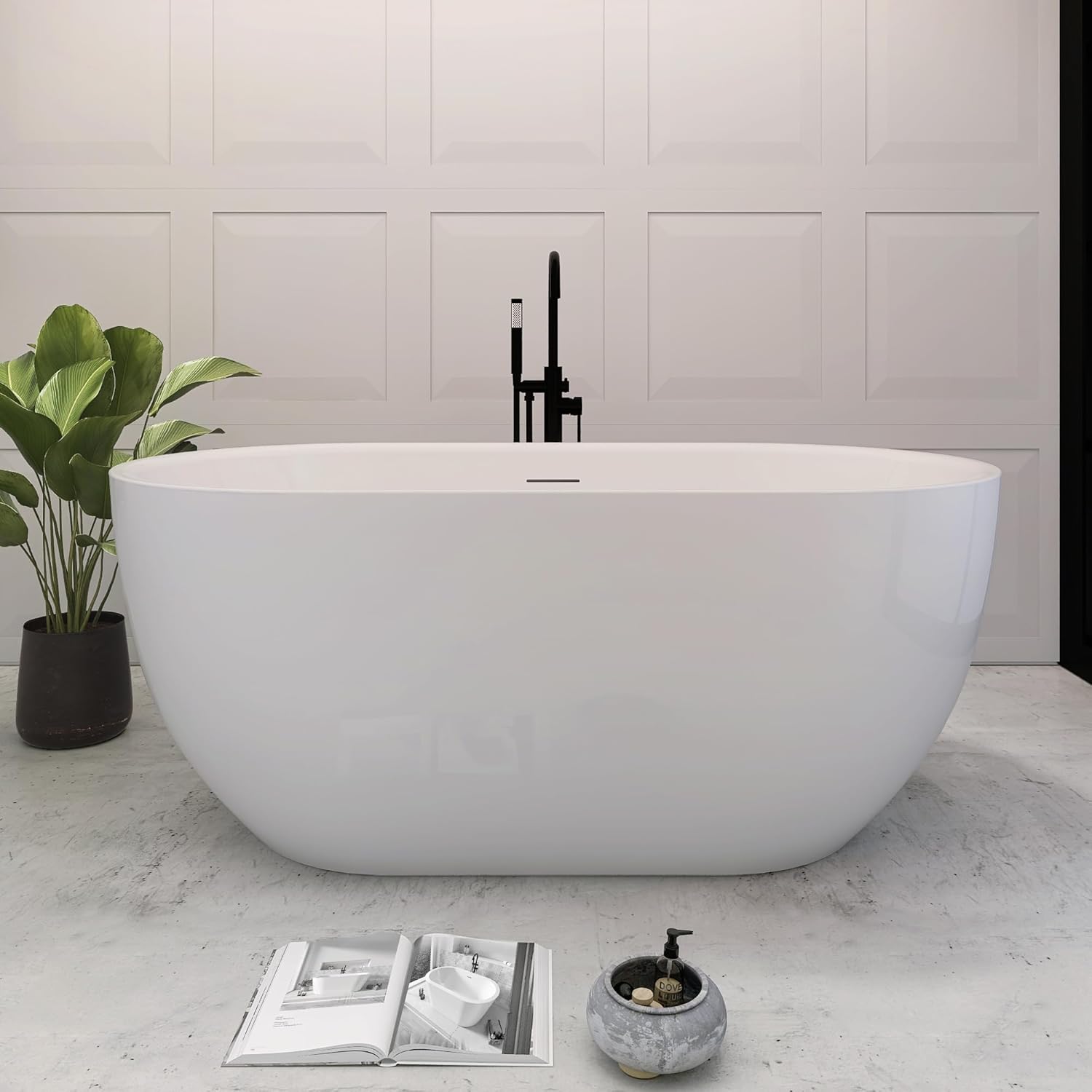 Yinzanw Bañera ovalada de acrílico, bañera independiente, drenaje extraíble integrado con acabado blanco certificado CUPC (blanco)