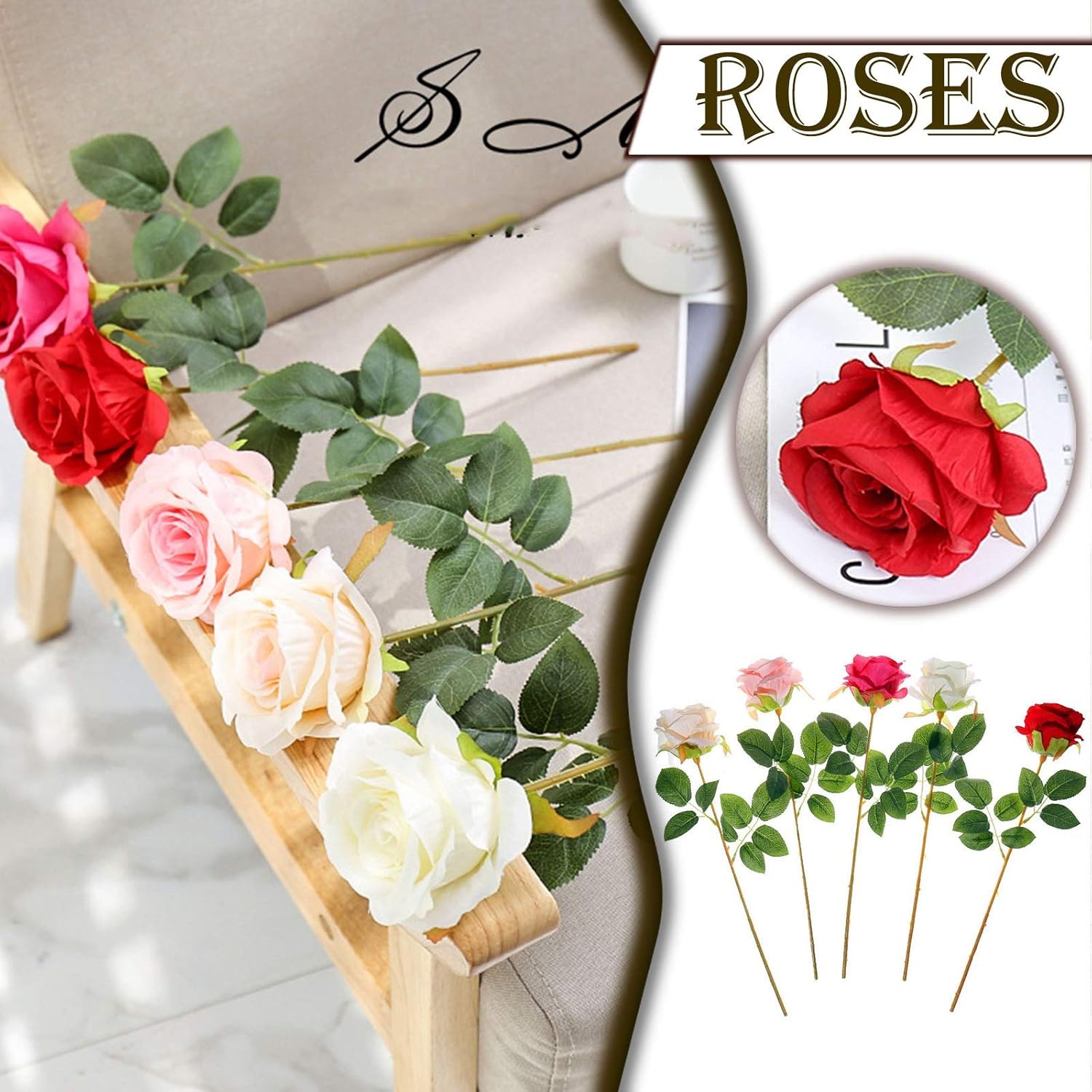 Scceatti Plantas artificiales para interiores, rosas falsas de seda, flores rojas de imitación para exteriores, plantas artificiales de plástico,