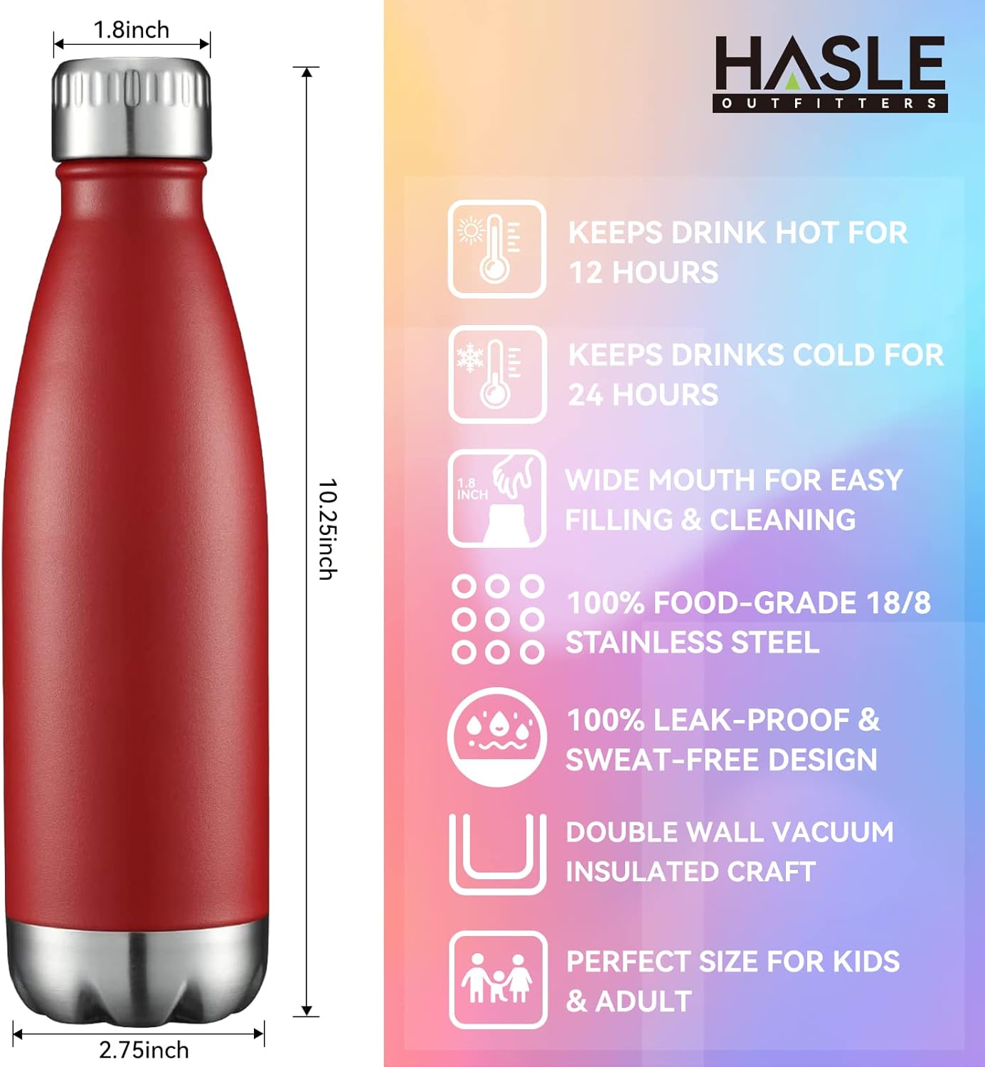 HASLE OUTFITTERS Termos aislados al vacío de doble pared de metal, 0.6 L, botella para agua, deportiva, de acero inoxidable, agua fría y caliente,