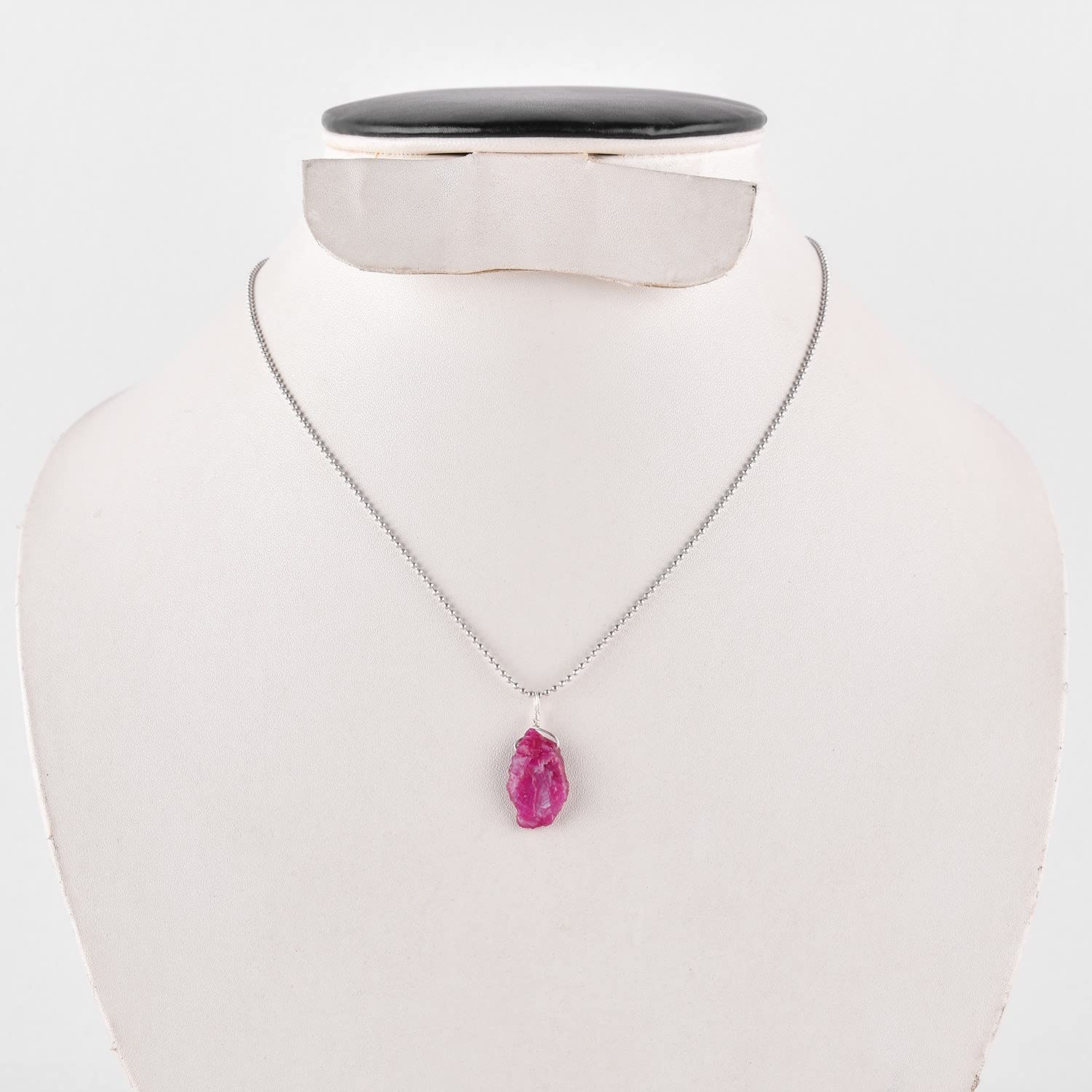 ZEMBIENCE Natural Raw Pink Ruby Gemstone Pendant Necklace, Rough Stones, Chakra Healing Crystals, Silver Plated, July Birthstone, Handmade, Wedding,
