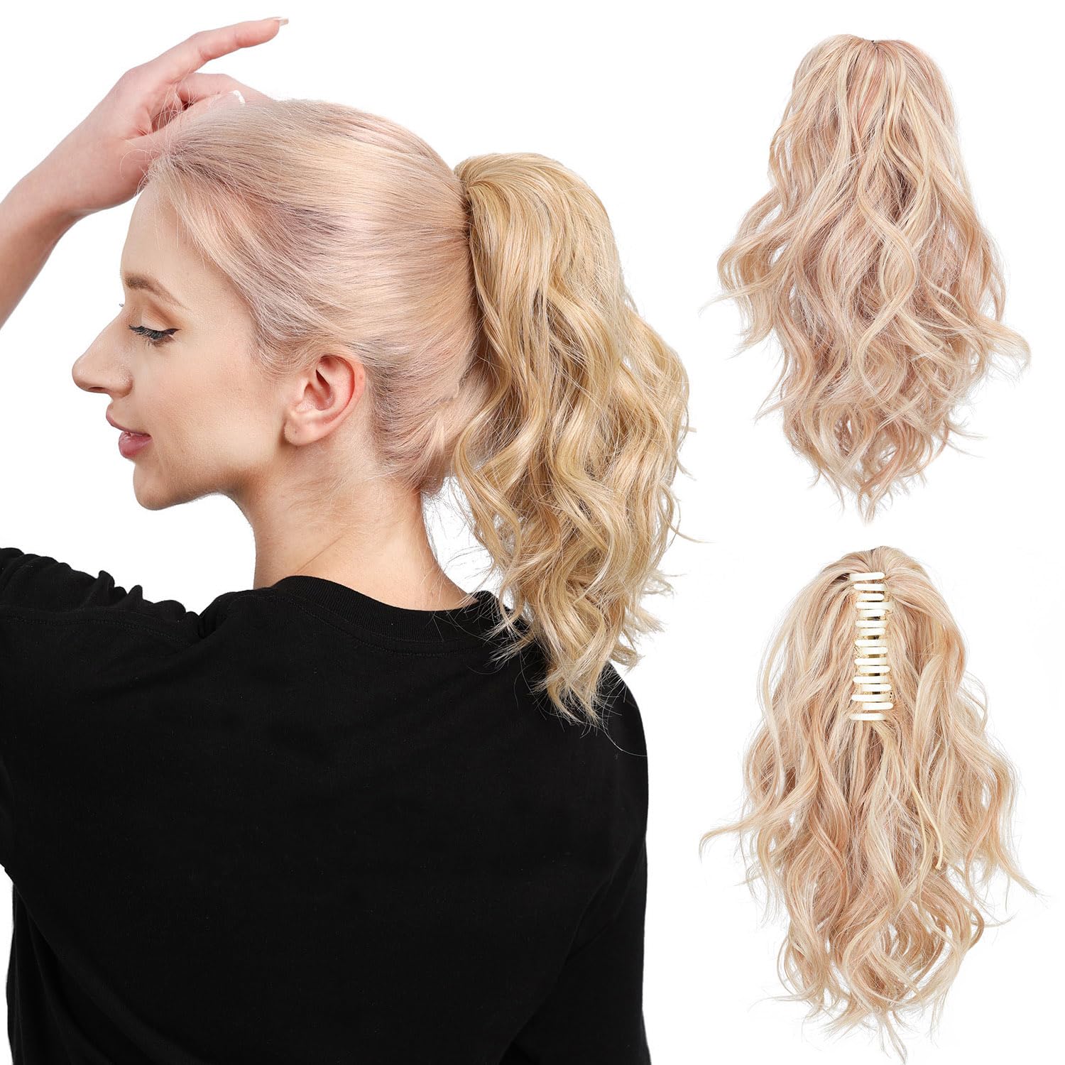 Colas de caballo gruesas y rizadas, extensión de cola de caballo ondulada sintética, extensiones de cabello con clip de cola de caballo mediana de