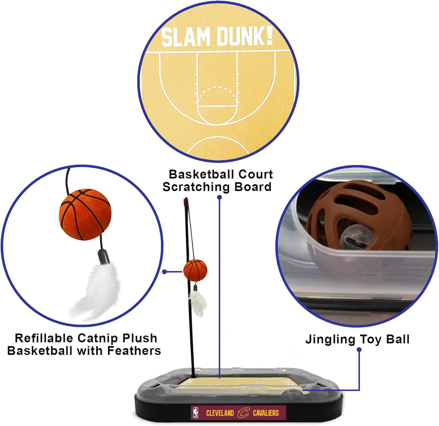 Juguete rascador de gato de la NBA CLEVELAND CAVALIERS de baloncesto de campo de gato con campana interactiva de bola de gato en pistas. Juguete de