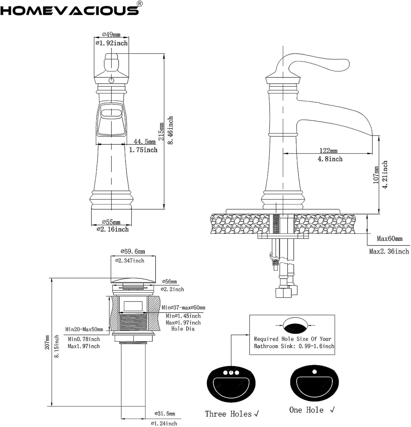Homevacious Grifo de baño de bronce aceitado cascada fregadero de una sola manija mezclador con montaje de drenaje emergente
