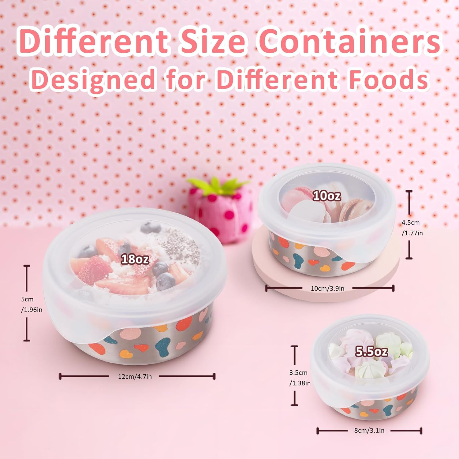 Paquete de 3 recipientes de acero inoxidable (18 oz10 oz5.5 onzas) para almacenamiento de aperitivos para adultos y niños con tapas de silicona,